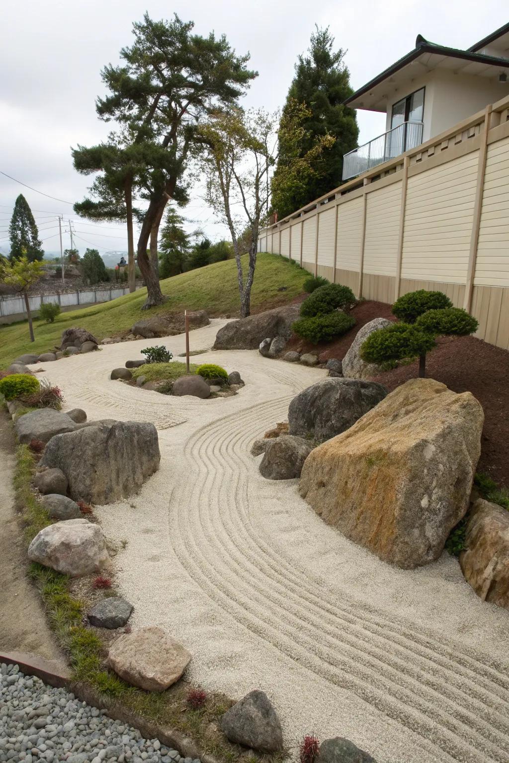 Zen gardens provide a serene and balanced aesthetic for sloped spaces.