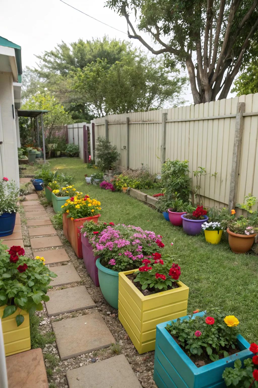 Colorful planters add personality and vibrancy to a small garden.