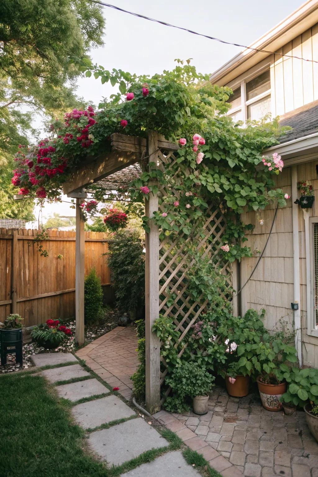 Trellises support greenery and provide privacy.