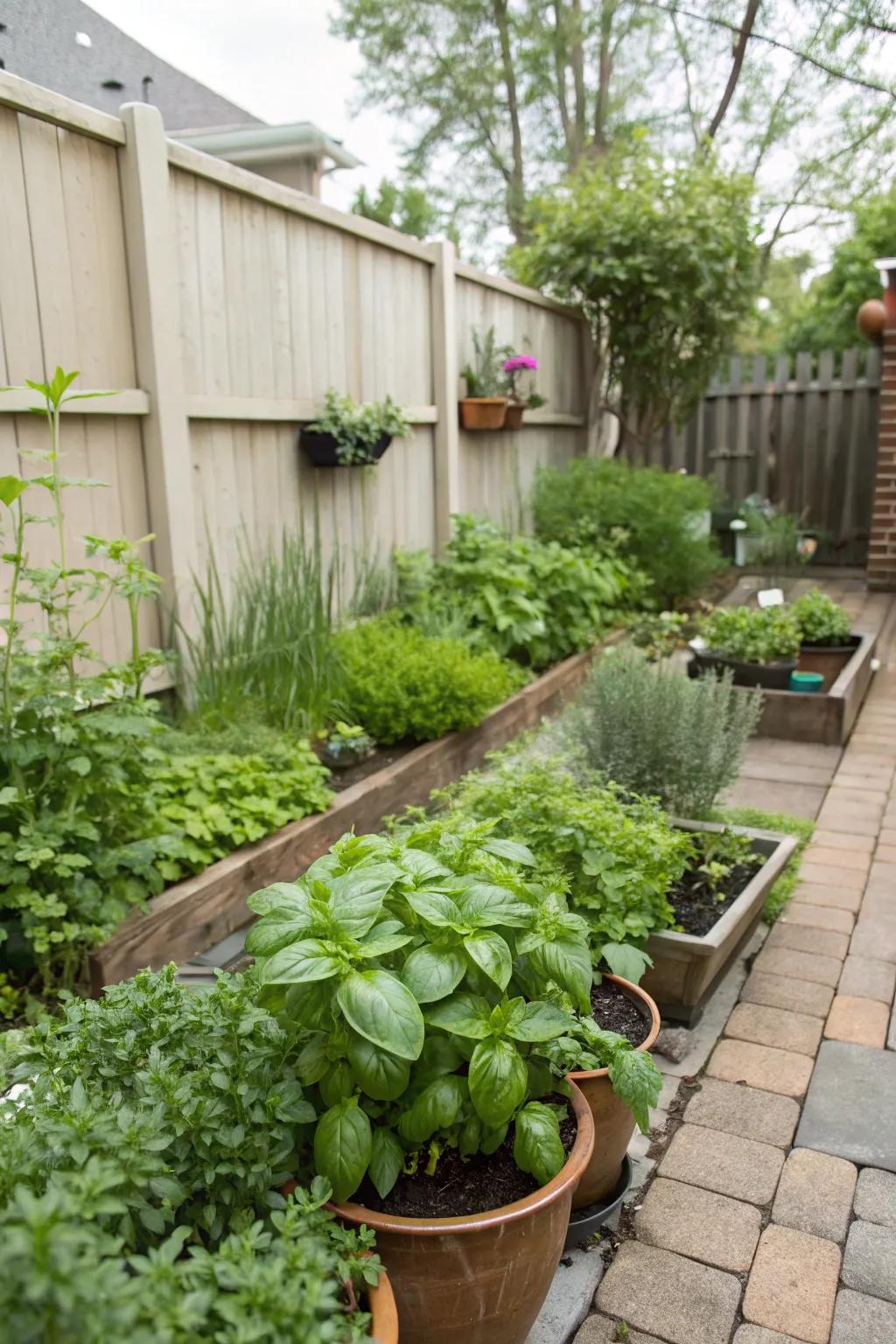 A small herb garden adds fragrance and utility.