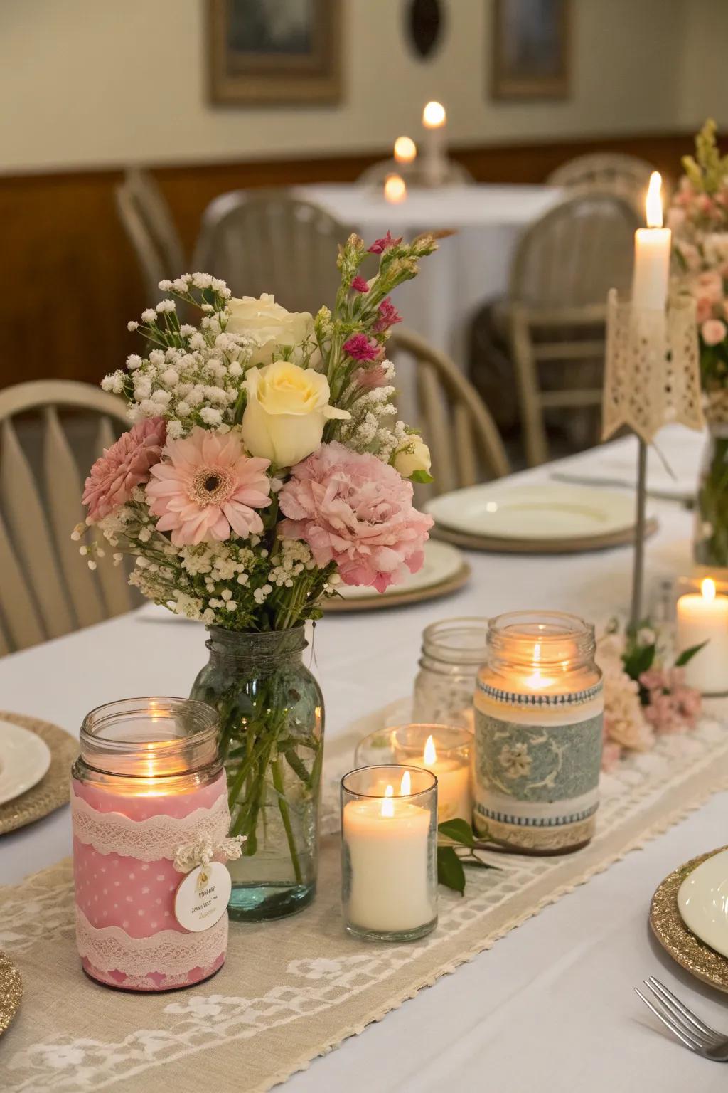 DIY centerpieces add a personal and budget-friendly touch.