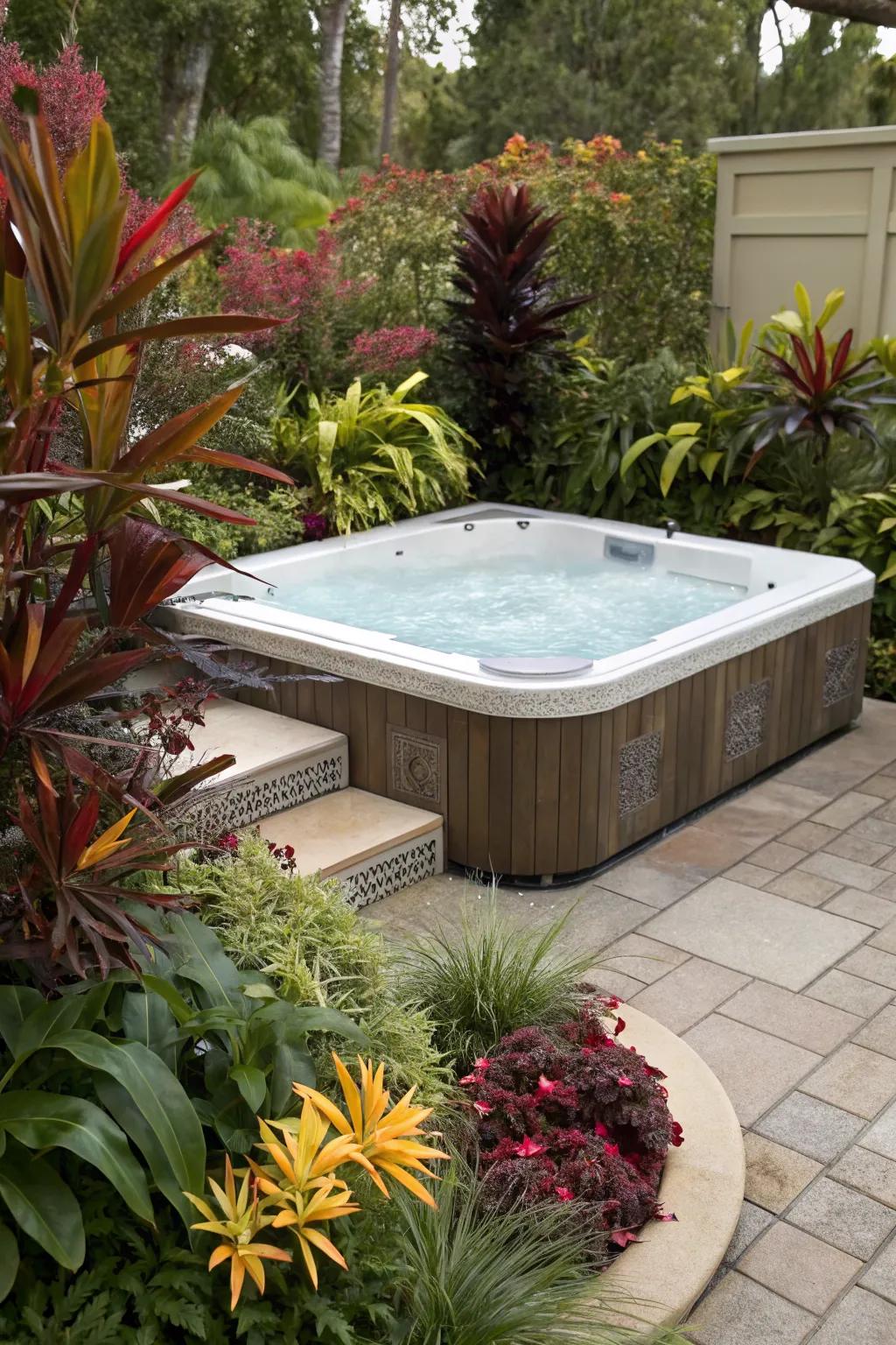 Artful plant combinations add depth and intrigue to your jacuzzi area.