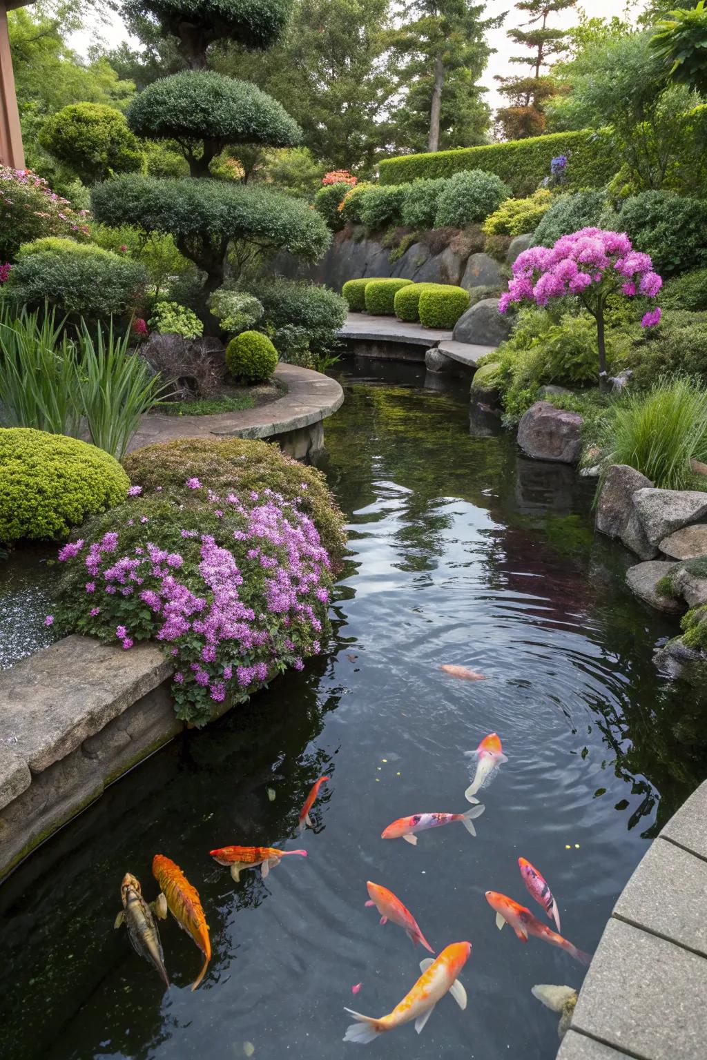 Layered planting adds depth and richness to the pond area.