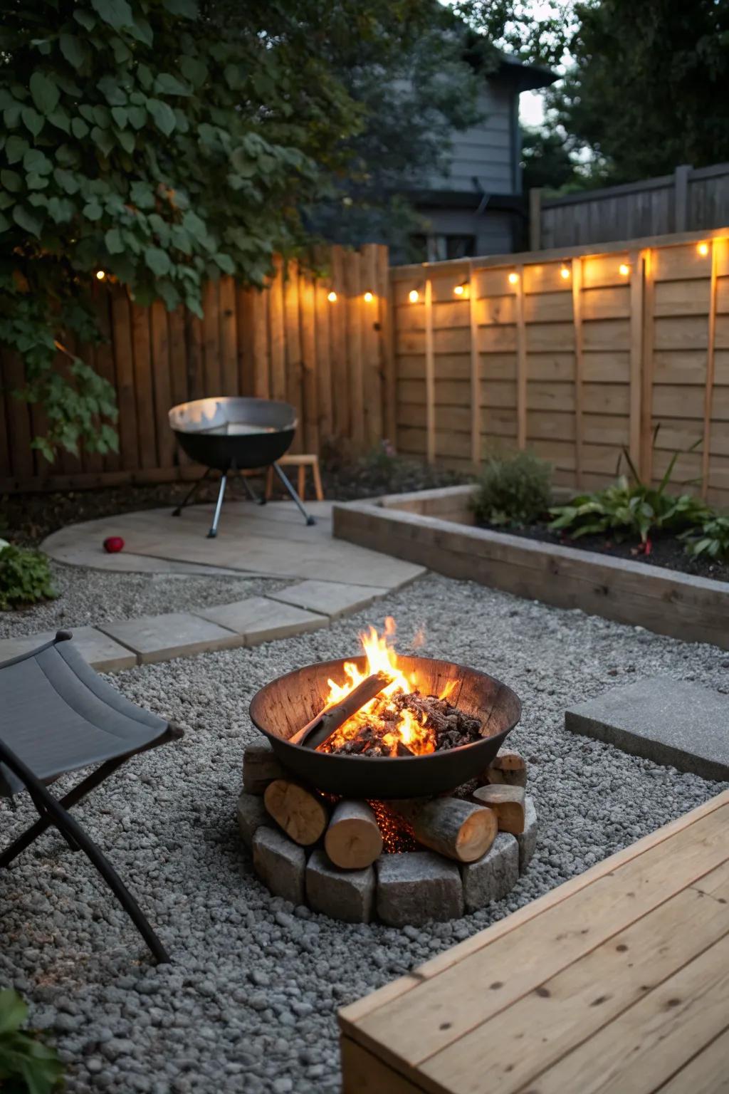 Rustic charm with a gravel-surrounded fire pit.