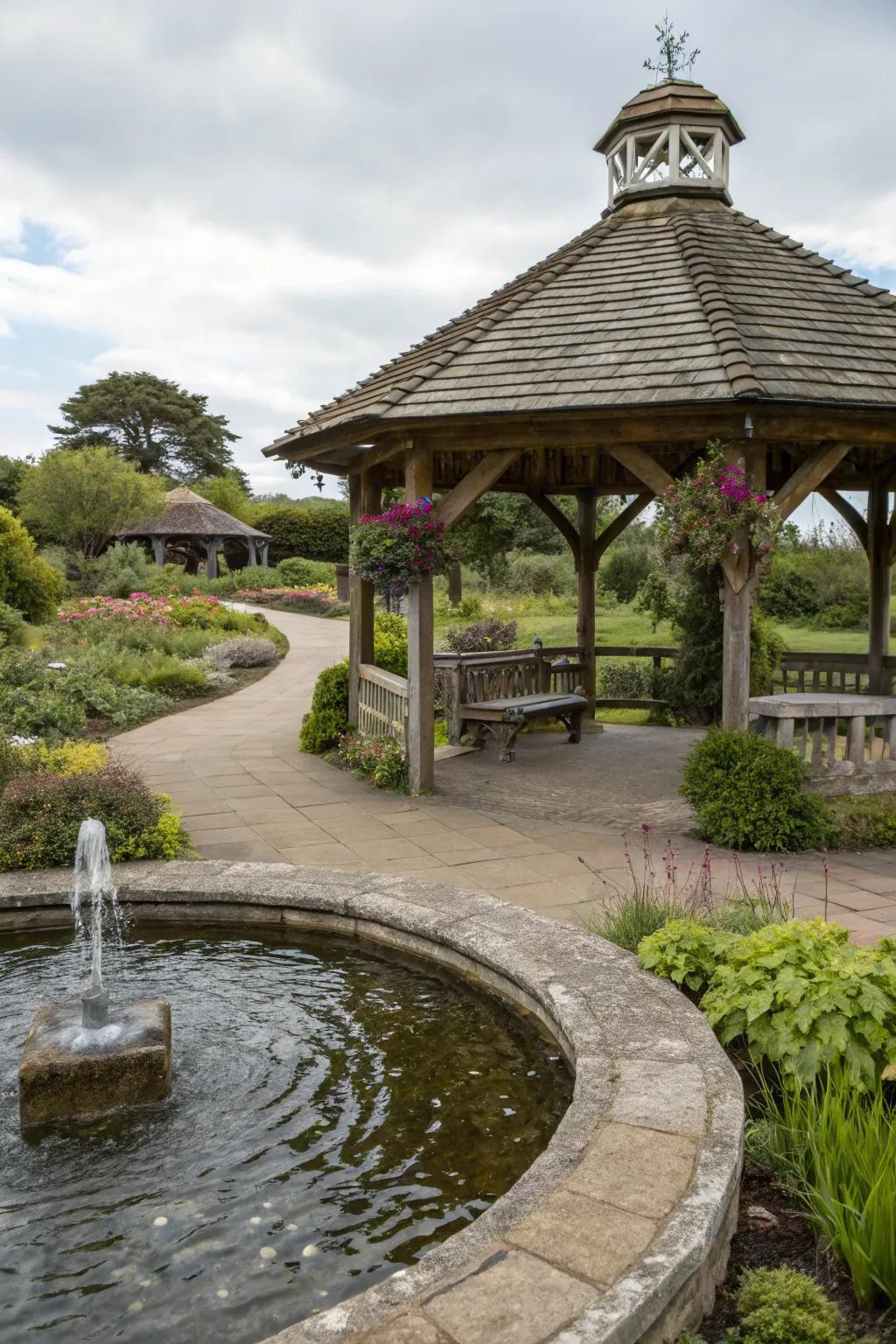 A pavilion accompanied by a tranquil water feature for a serene atmosphere.