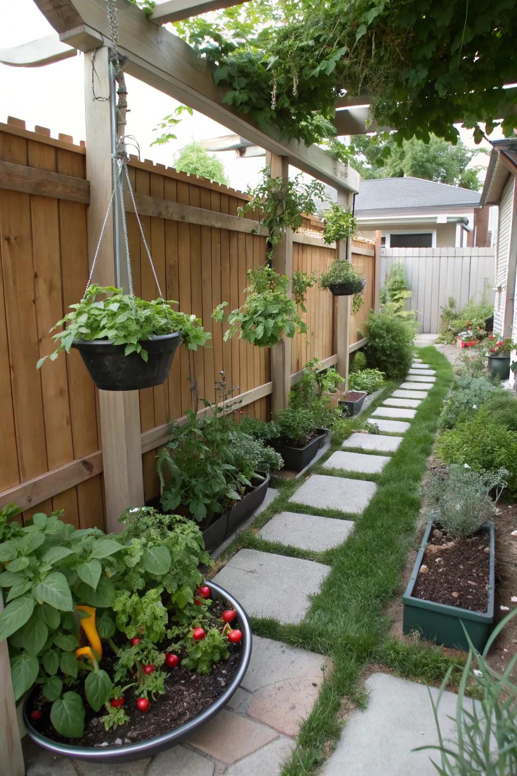 Hanging gardens add beauty and maximize space in small backyards.