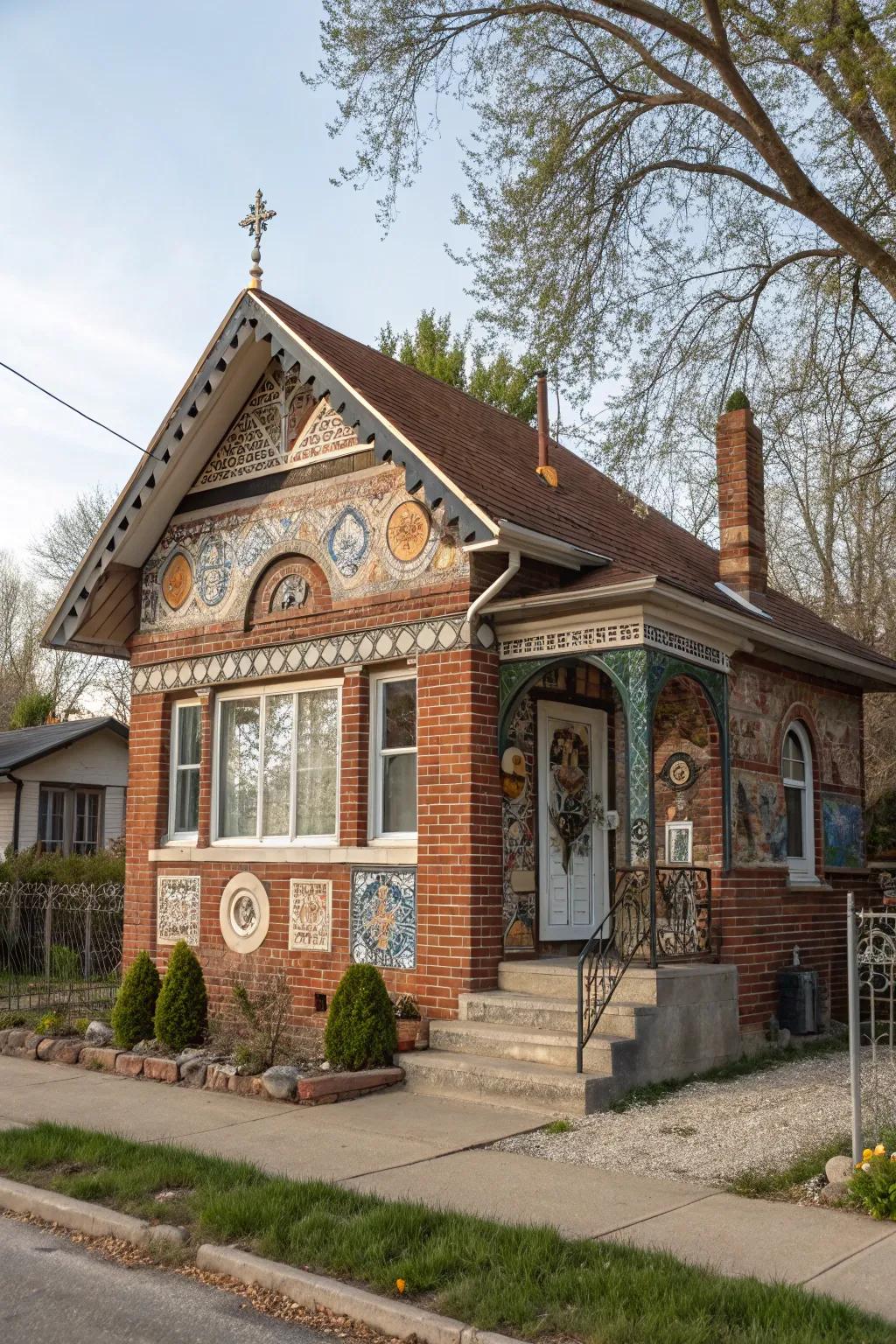 A small brick house adorned with unique artistic details.
