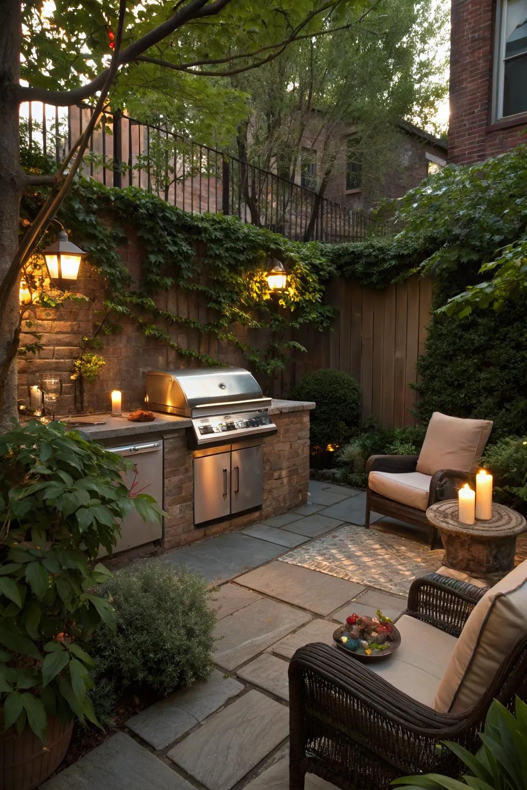 An intimate courtyard transforms into a private grilling oasis.