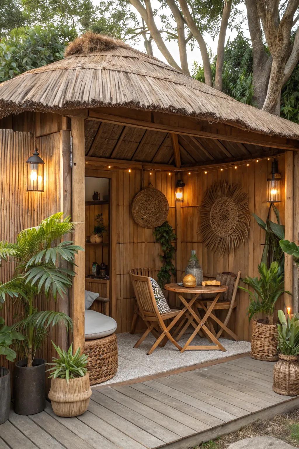 Experience comfort in a rustic retreat cabana.