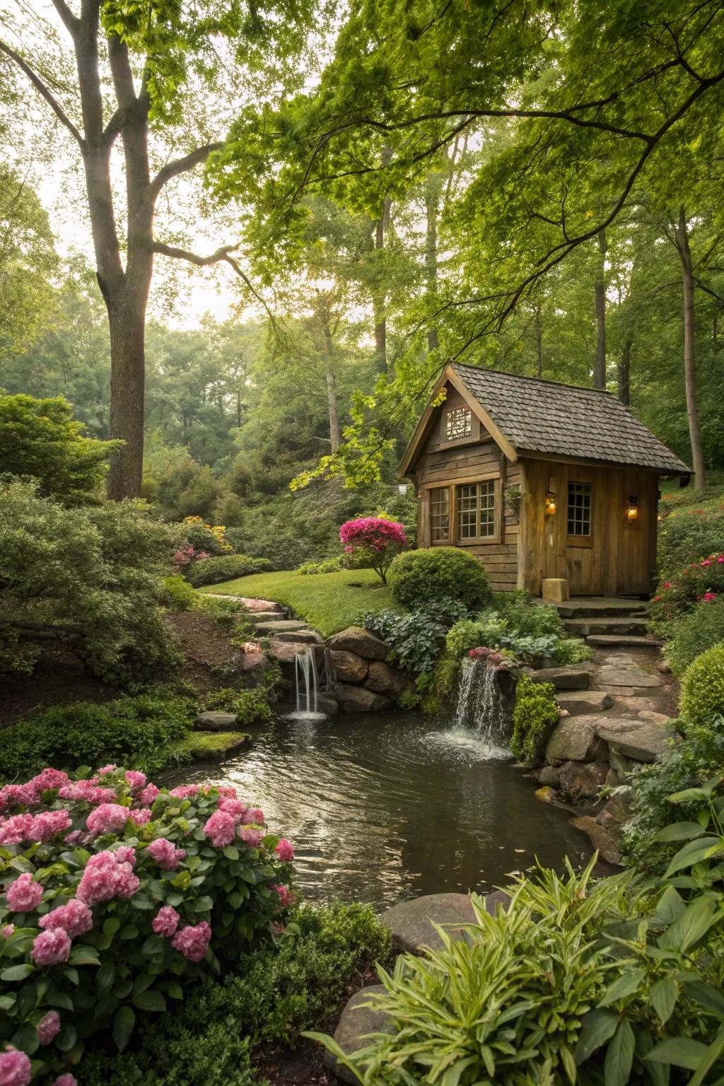 A cabin with a tranquil water feature enhancing its peaceful atmosphere.