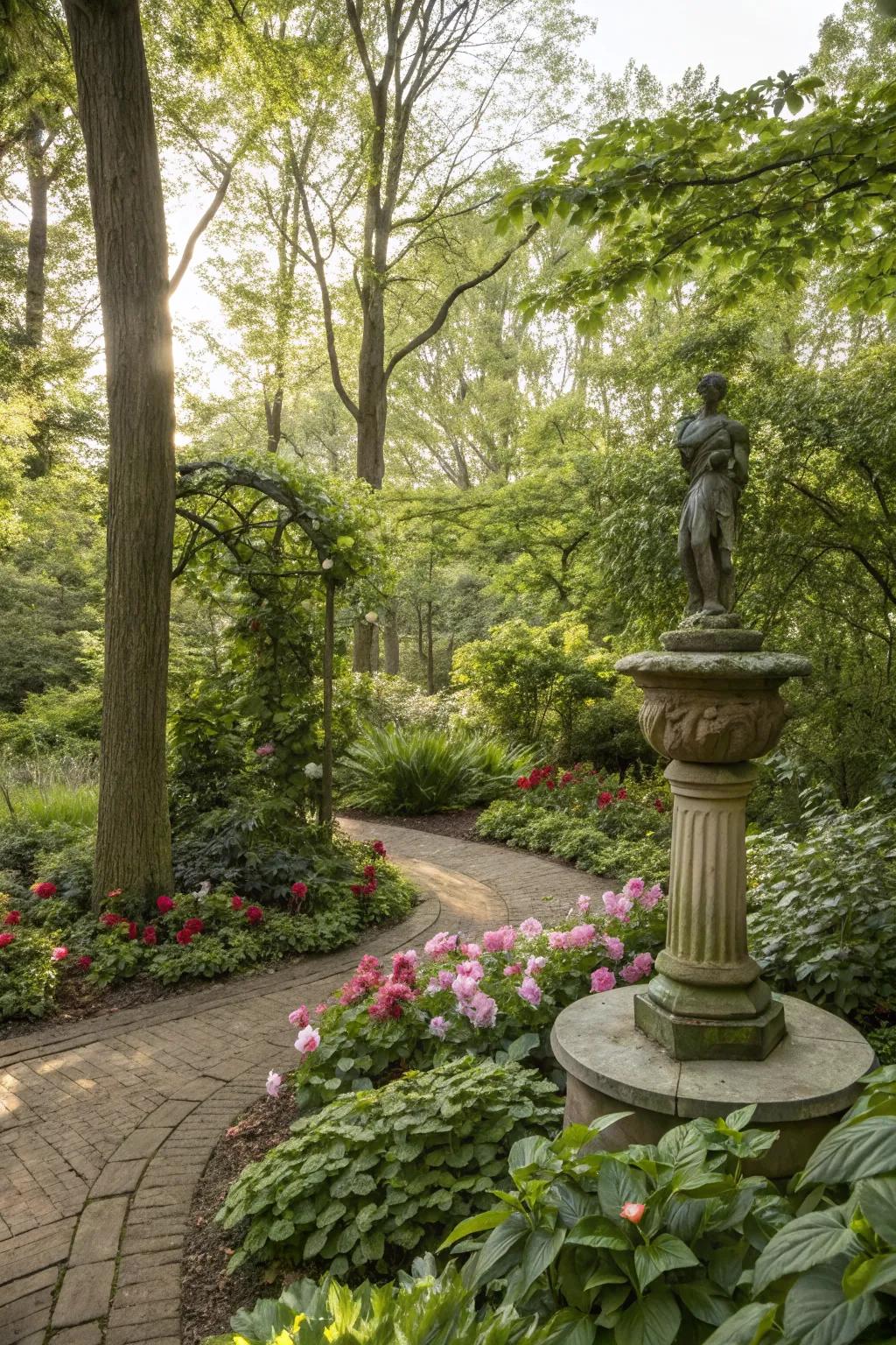 Garden art adds a unique focal point to a small corner.