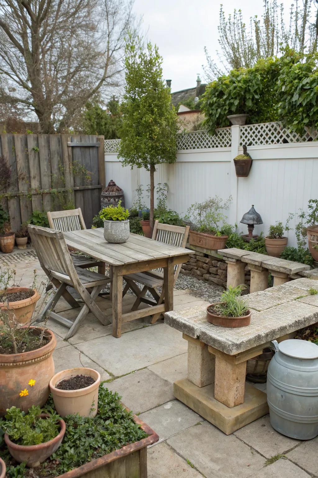 Reclaimed materials add character and sustainability to a courtyard.