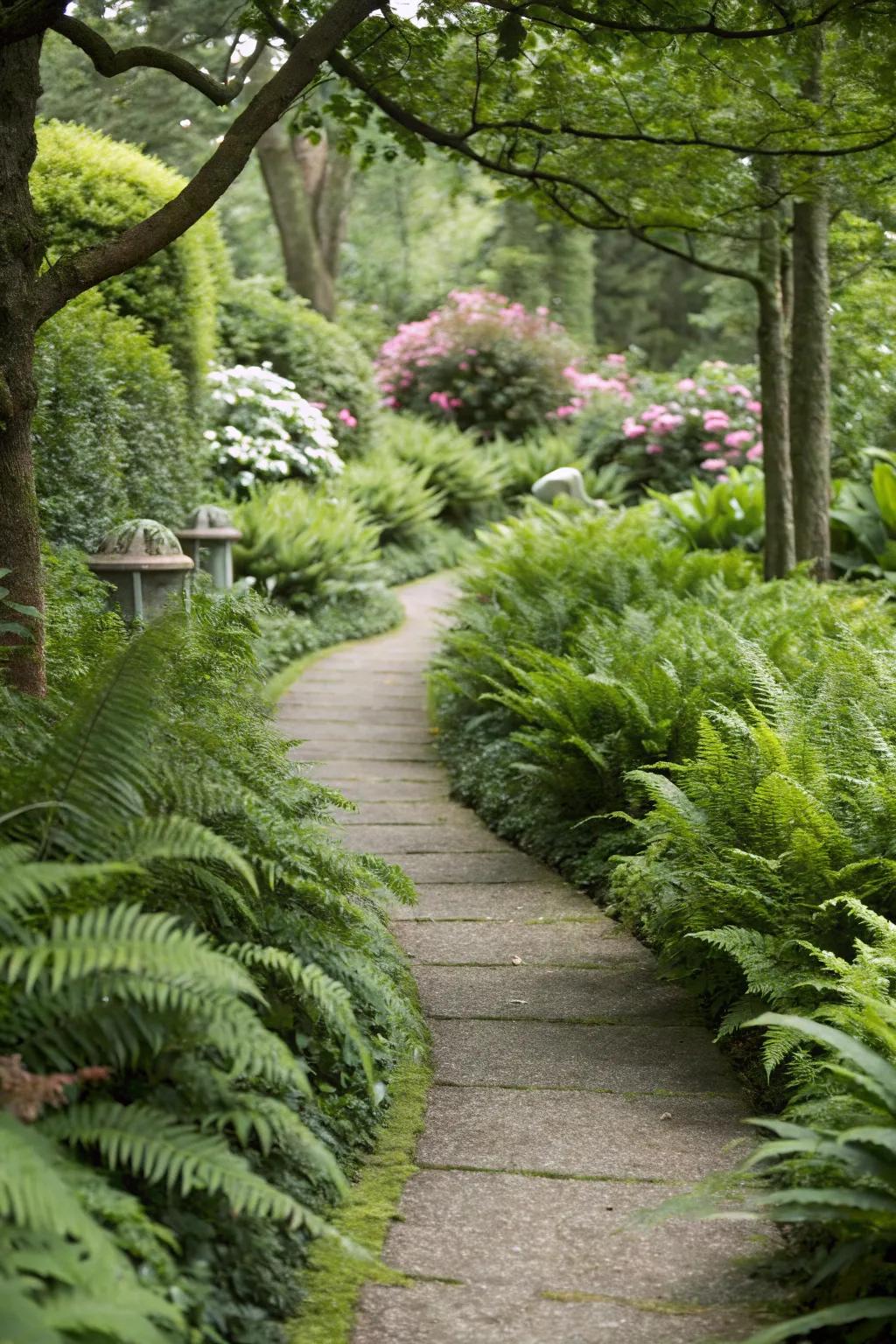 A welcoming garden path lined with ferns.