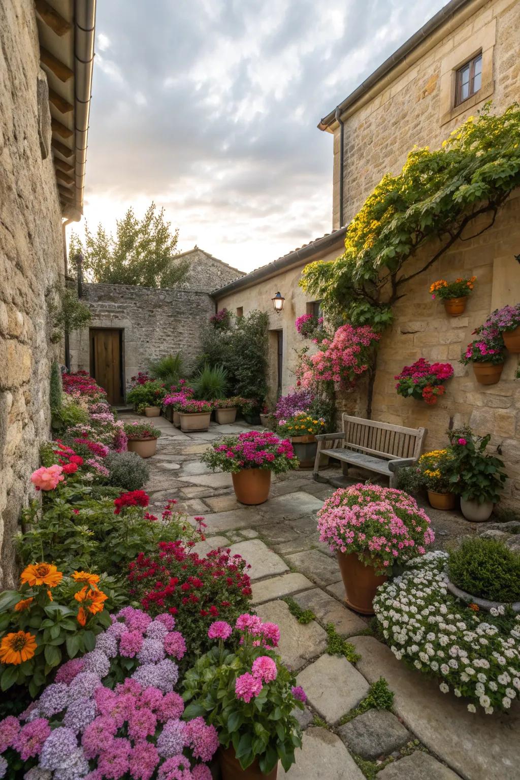 Vibrant seasonal blooms adding color to a courtyard.