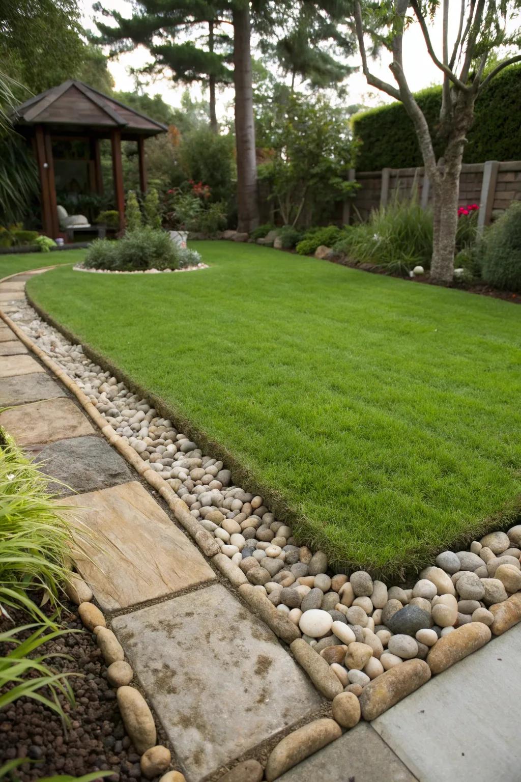 Pebbles provide a crisp and structured edge to lawns.