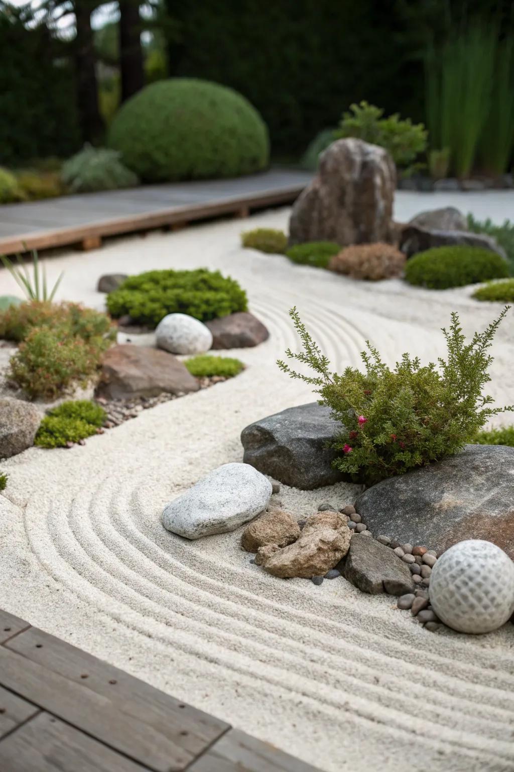 A Zen garden offers a tranquil retreat in a small space.
