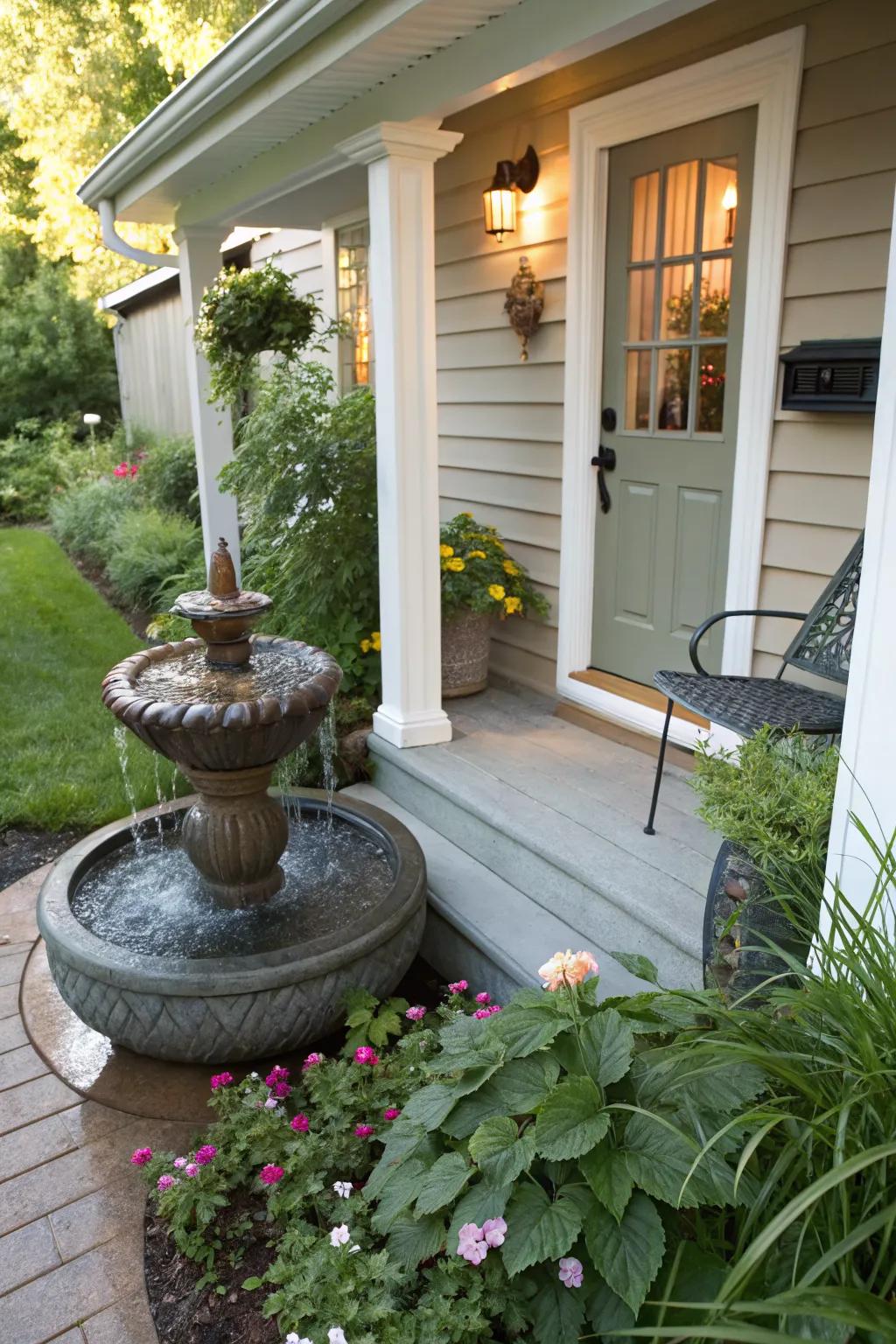 Small fountains create a tranquil atmosphere with soothing sounds.