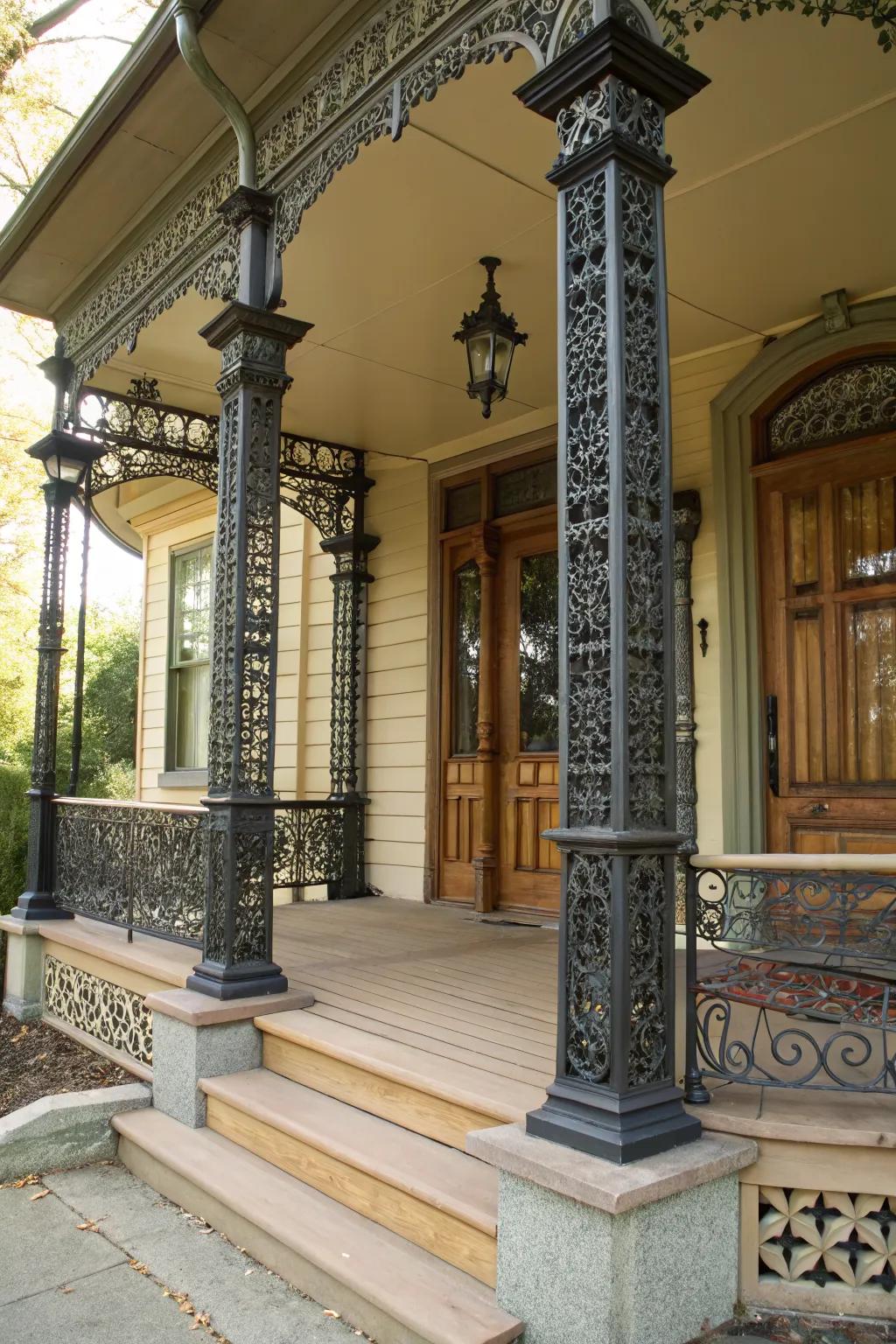 Wrought iron columns add old-world charm with their intricate designs on this porch.