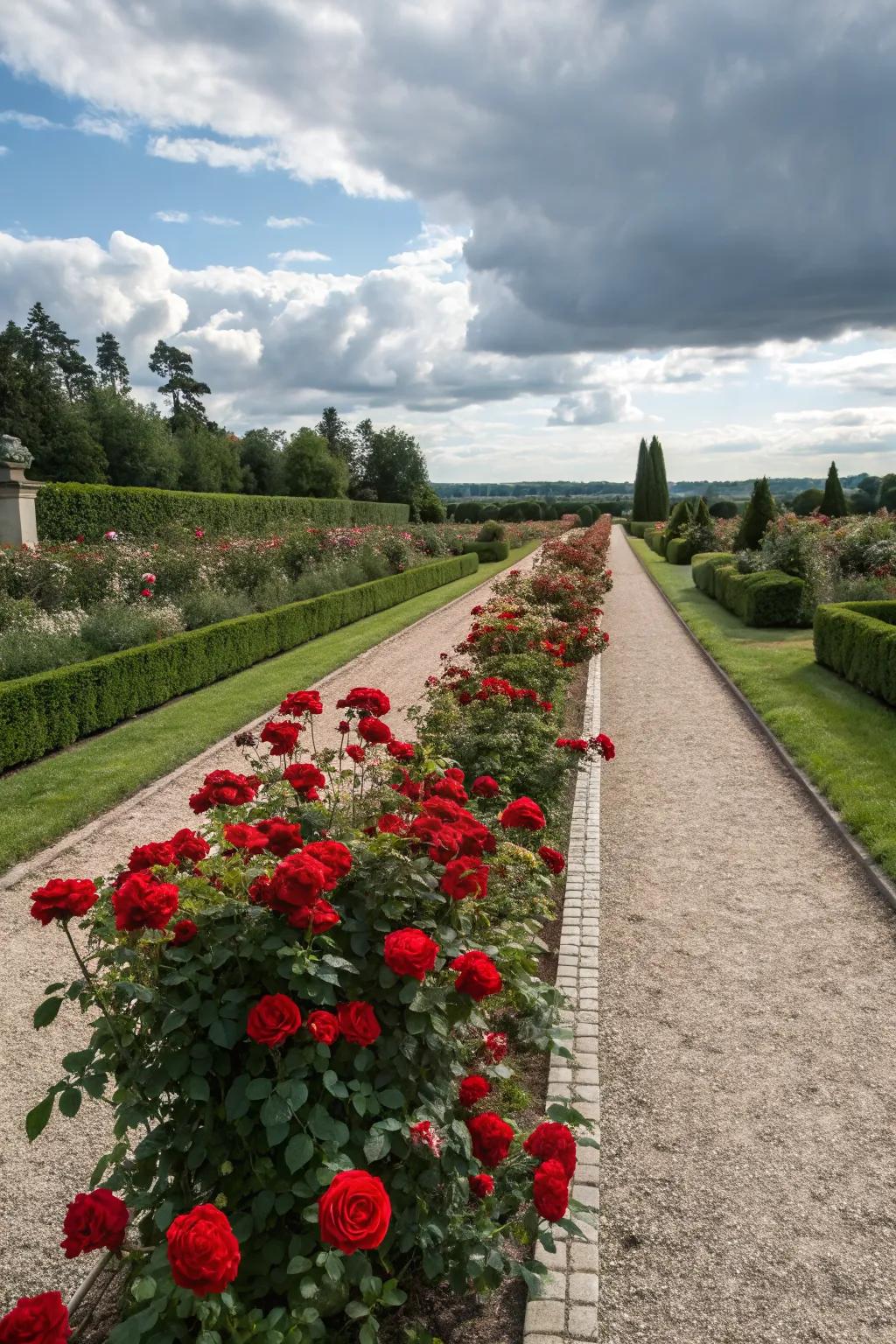 A formal garden showcasing symmetrical rose plantings for an elegant look.