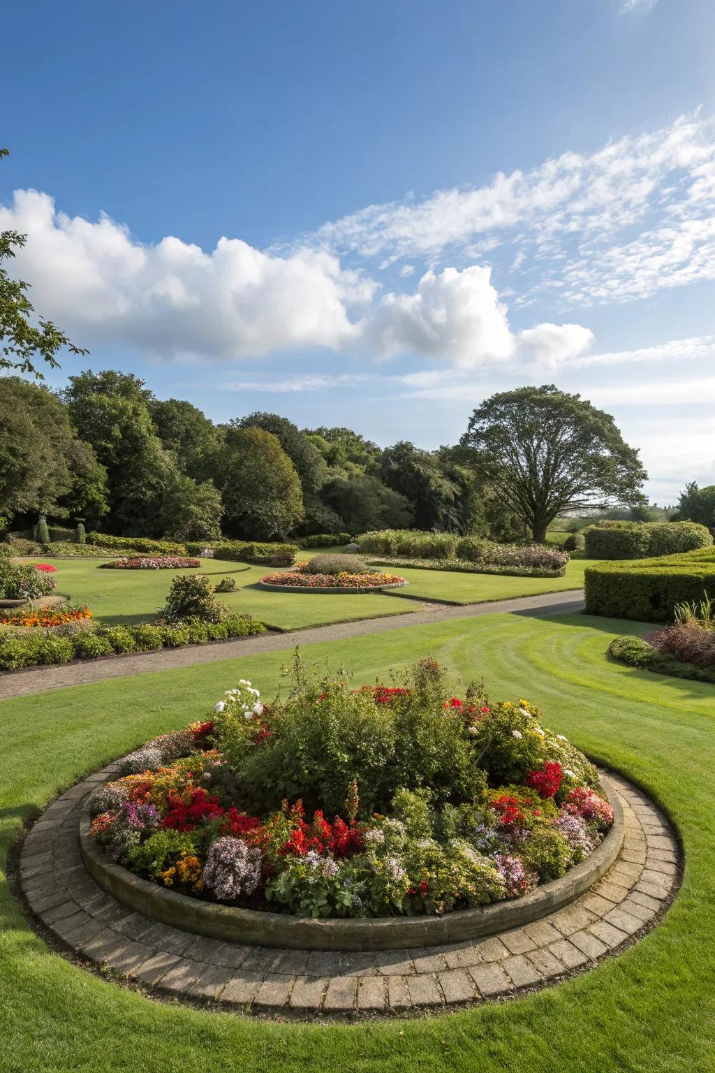 Raised flower beds add height and structure around the circular lawn.