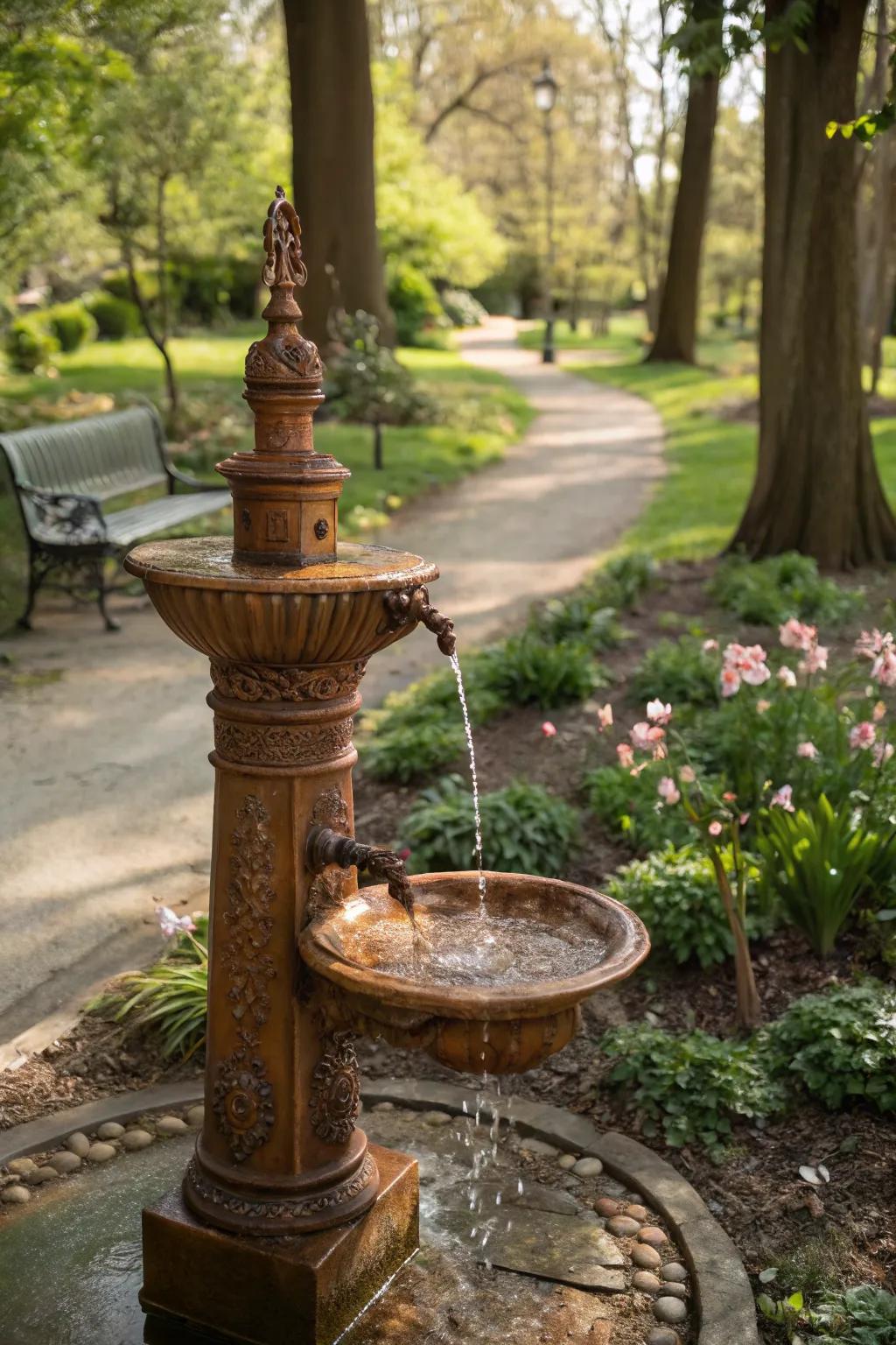 A copper spill fountain offers warmth and elegance.