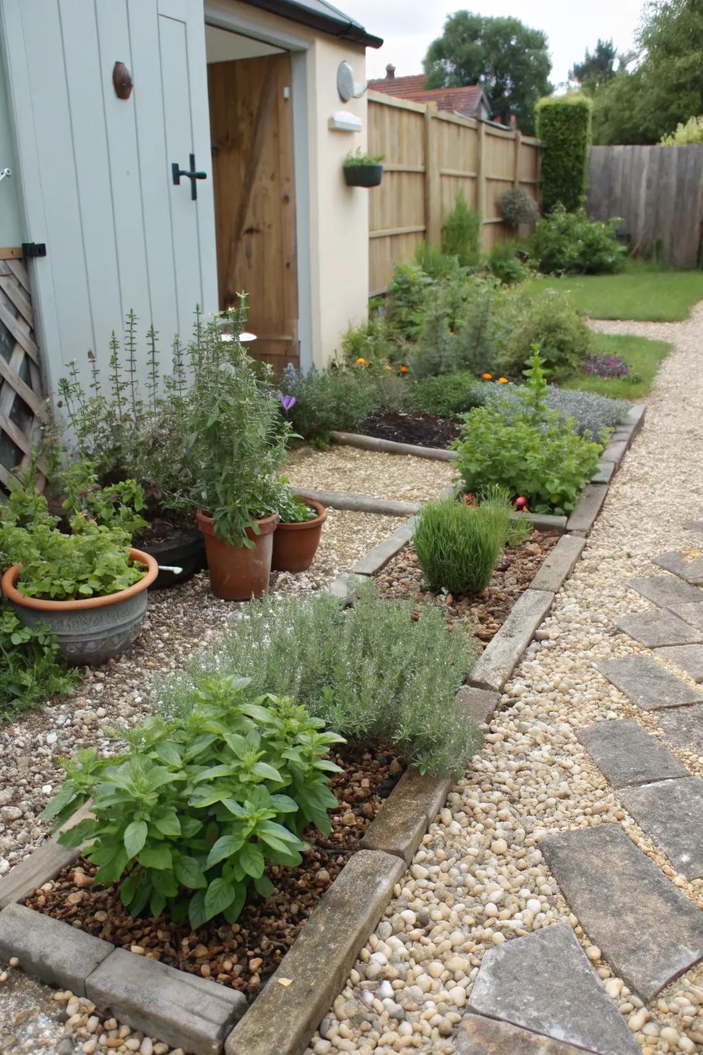 A gravel herb garden offers easy access to fresh flavors.
