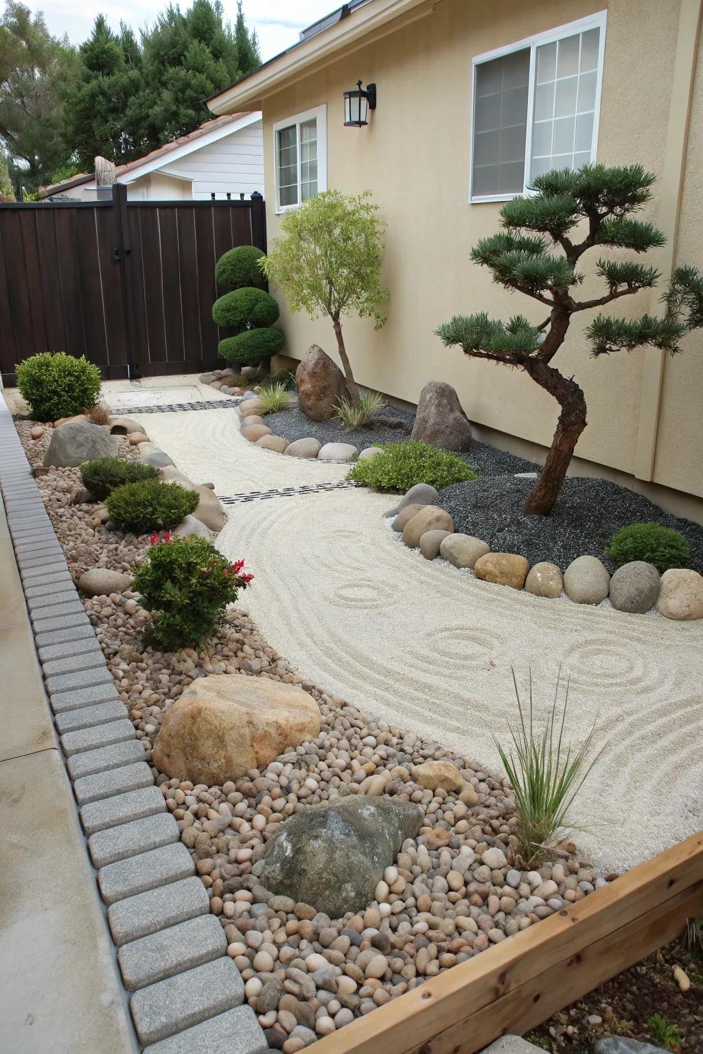 A mini zen garden adds peace and harmony.