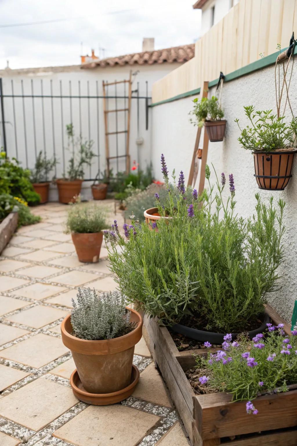 Aromatic herbs enhancing the ambiance of a small patio.