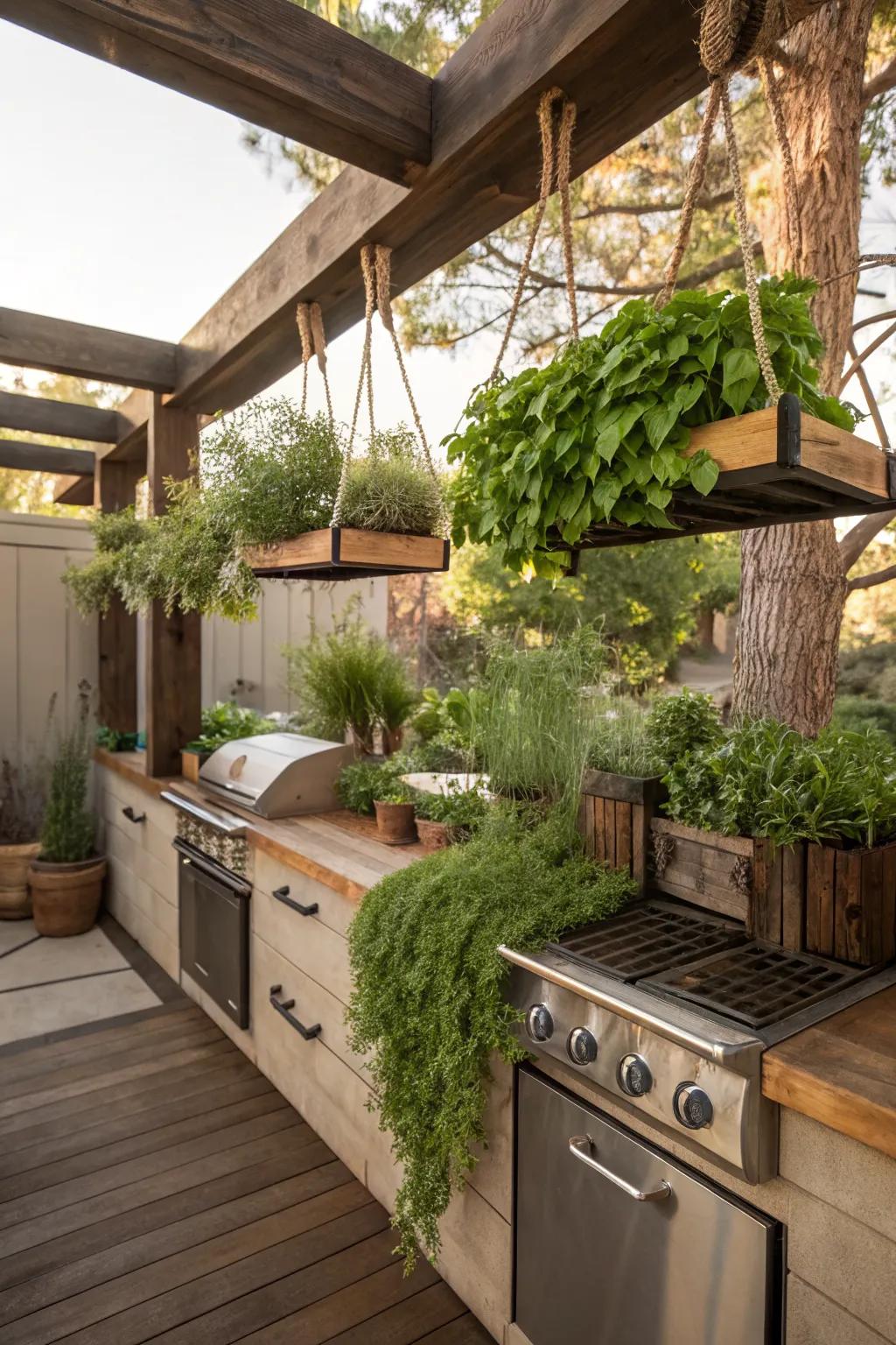 A hanging herb garden adds beauty and functionality.