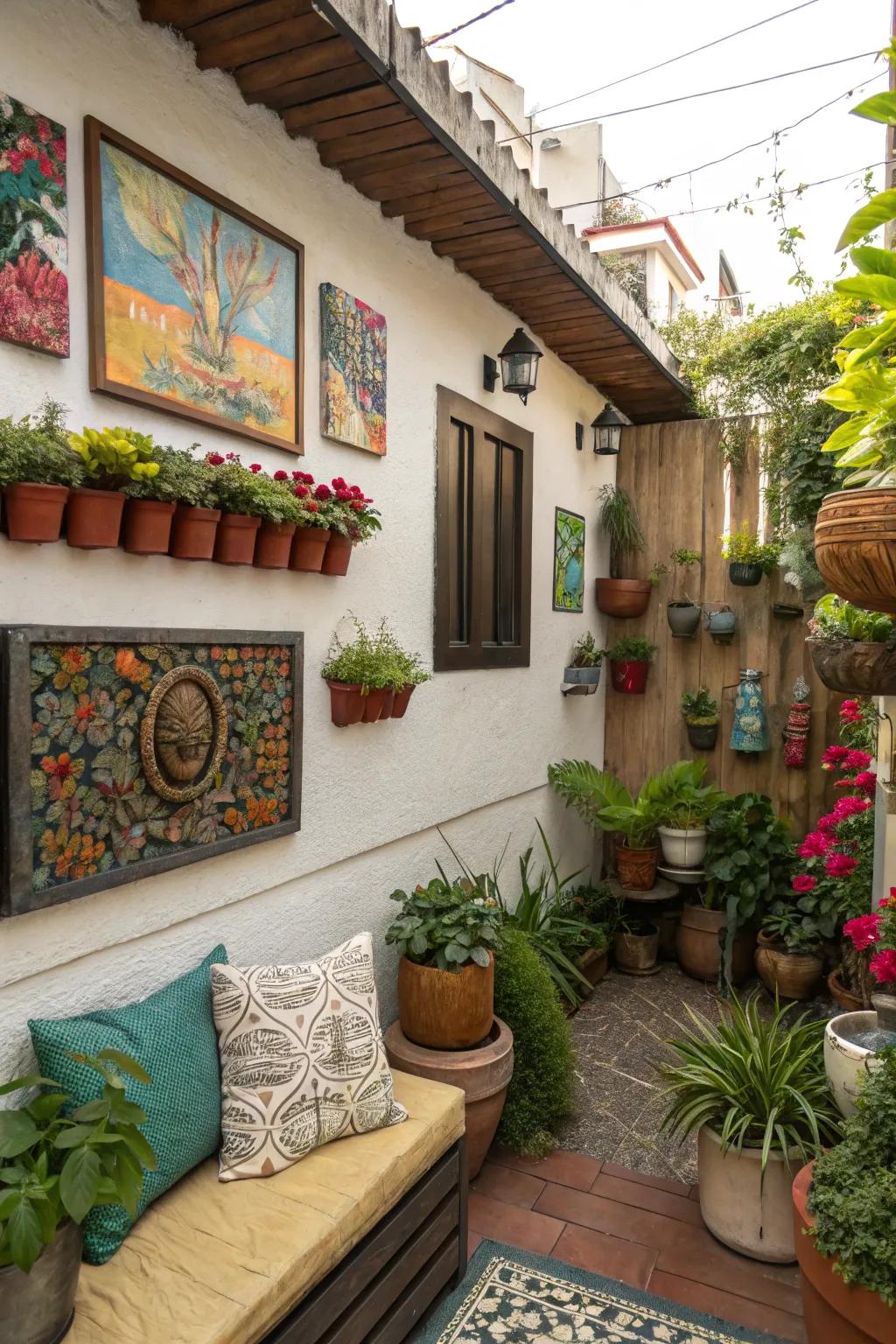 Wall decor adds dimension to outdoor areas.