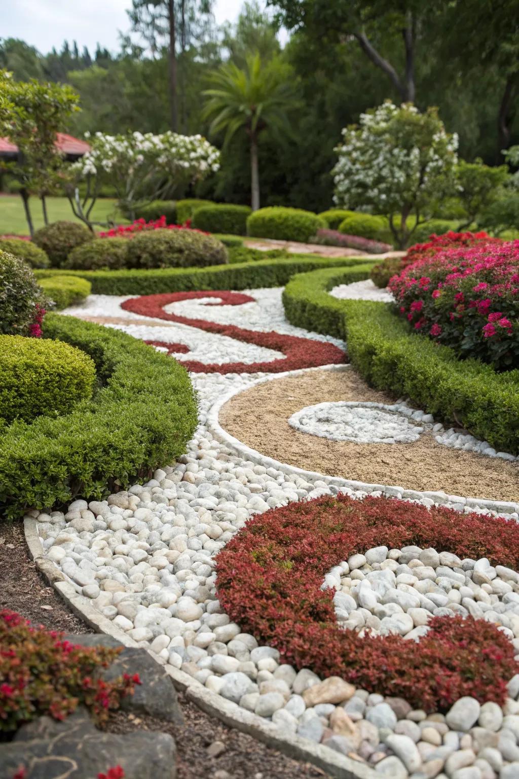 Create visual interest with contrasting colored pebbles.
