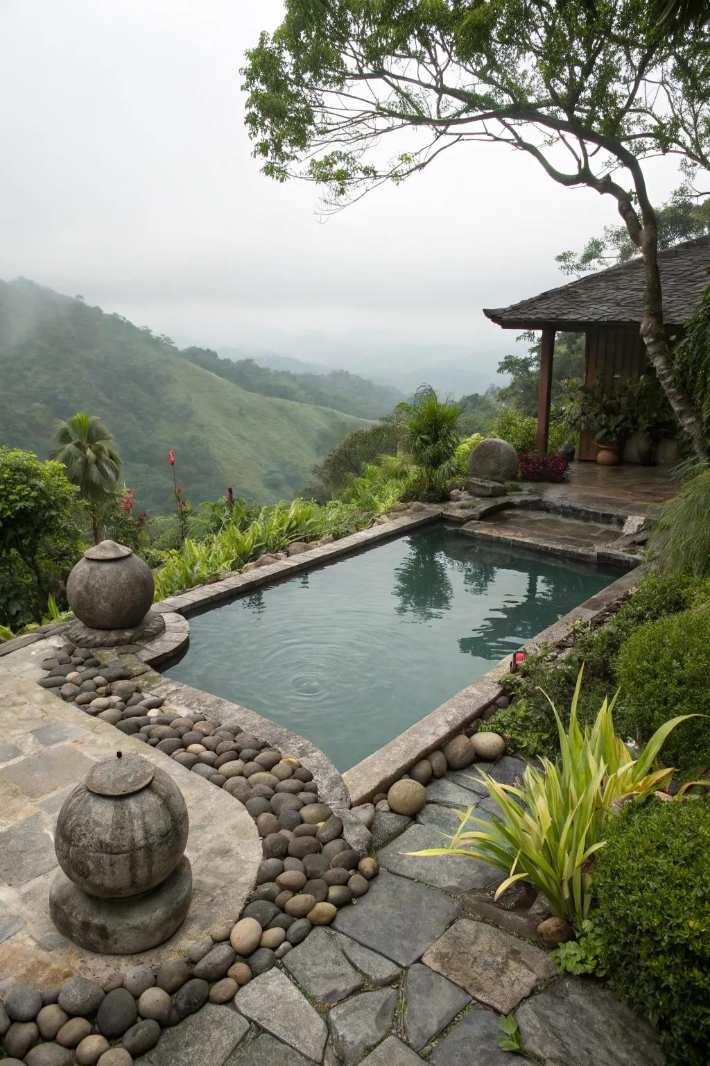 Sculptures adding artistic flair to a small pool area.