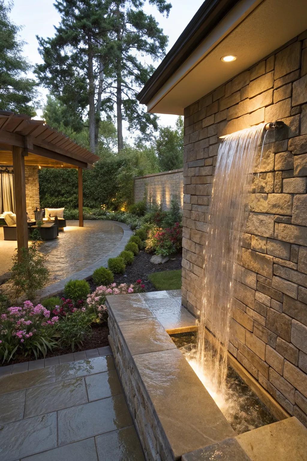 An elegant waterfall wall adding a luxurious touch to a small patio.