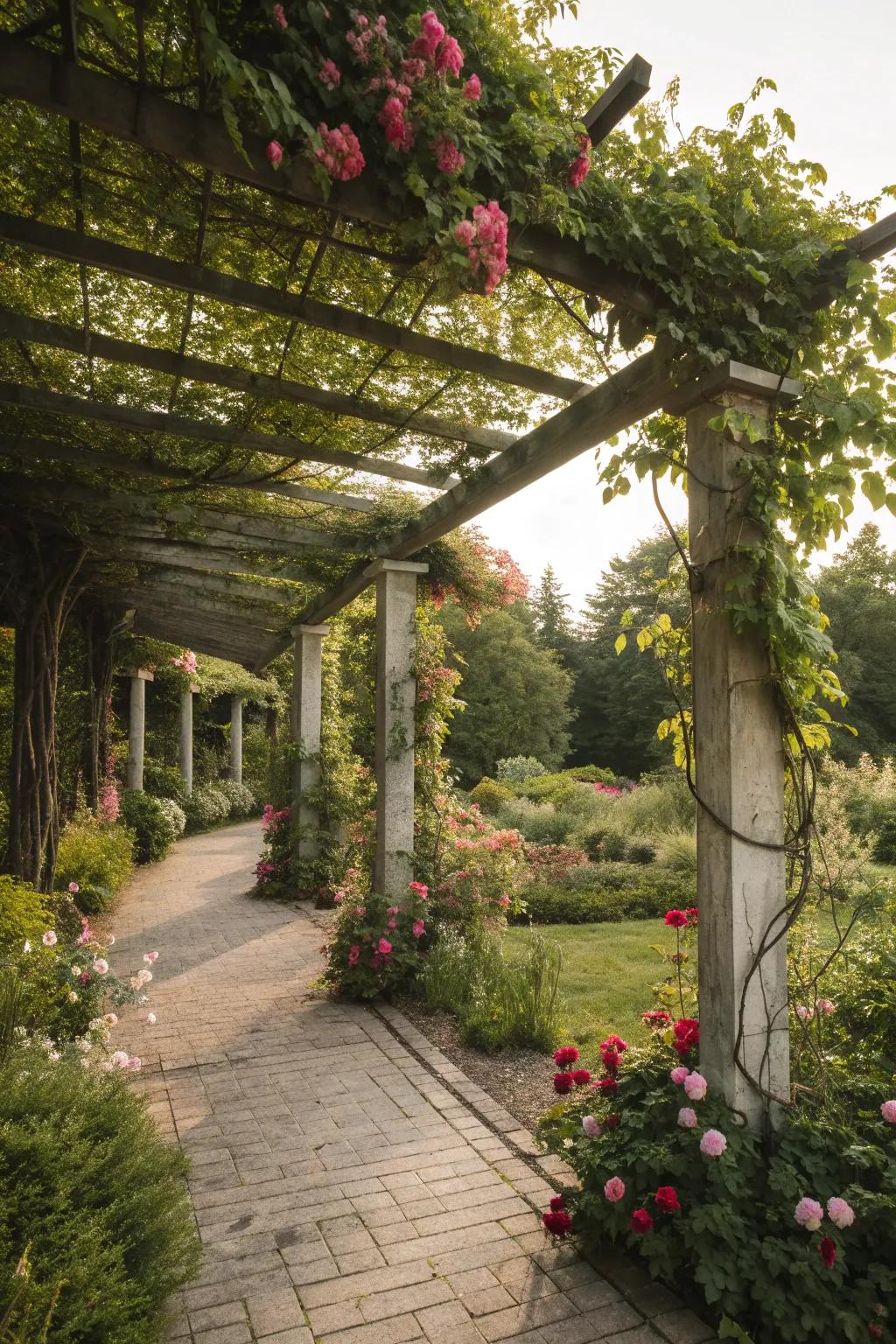 A pergola adds shade and supports climbing plants.