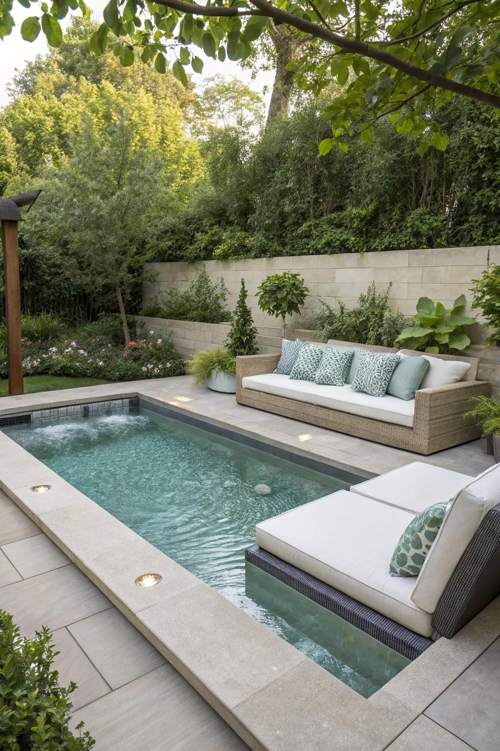 Built-in seating adds comfort and style to splash pools.