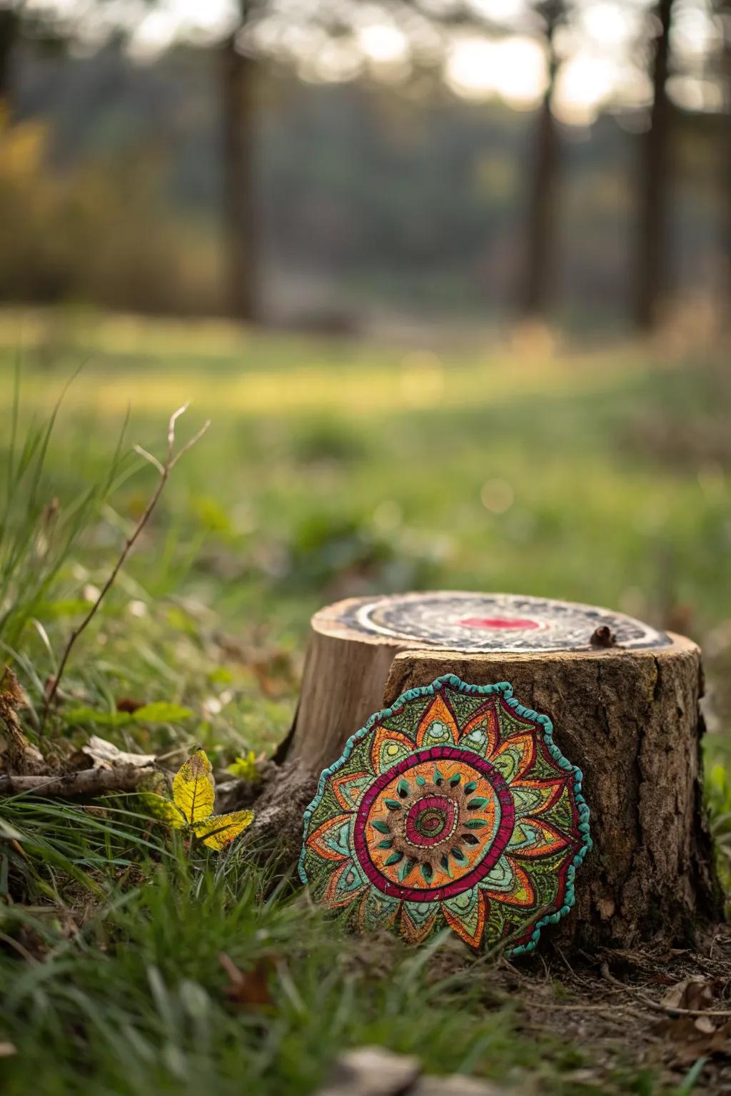 A decorative art piece on a small tree stump.