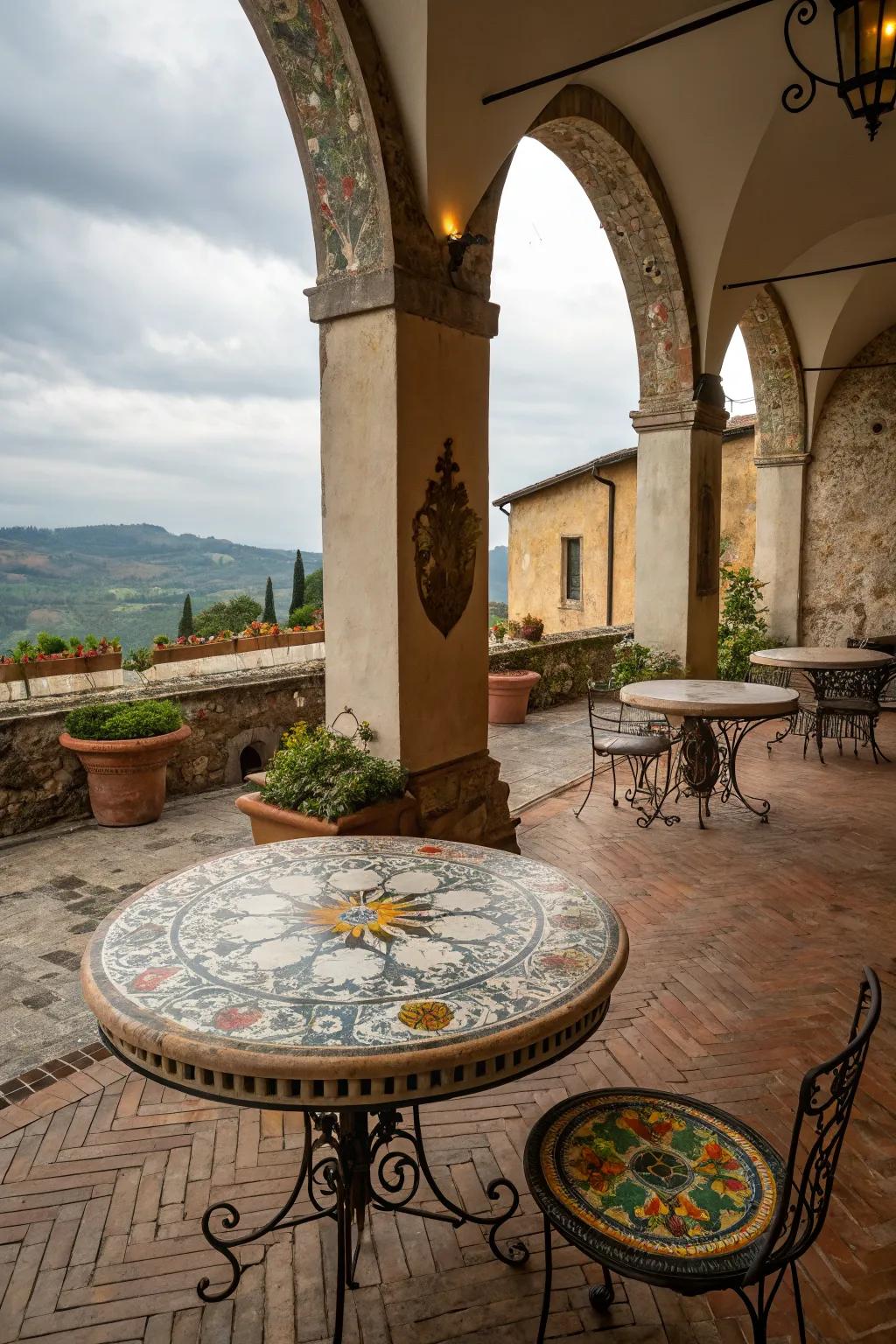 Mosaic tiles add vibrant color to this Tuscan patio.