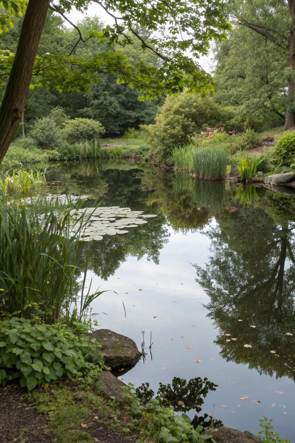 A reflective mirror pond creating an illusion of spaciousness.