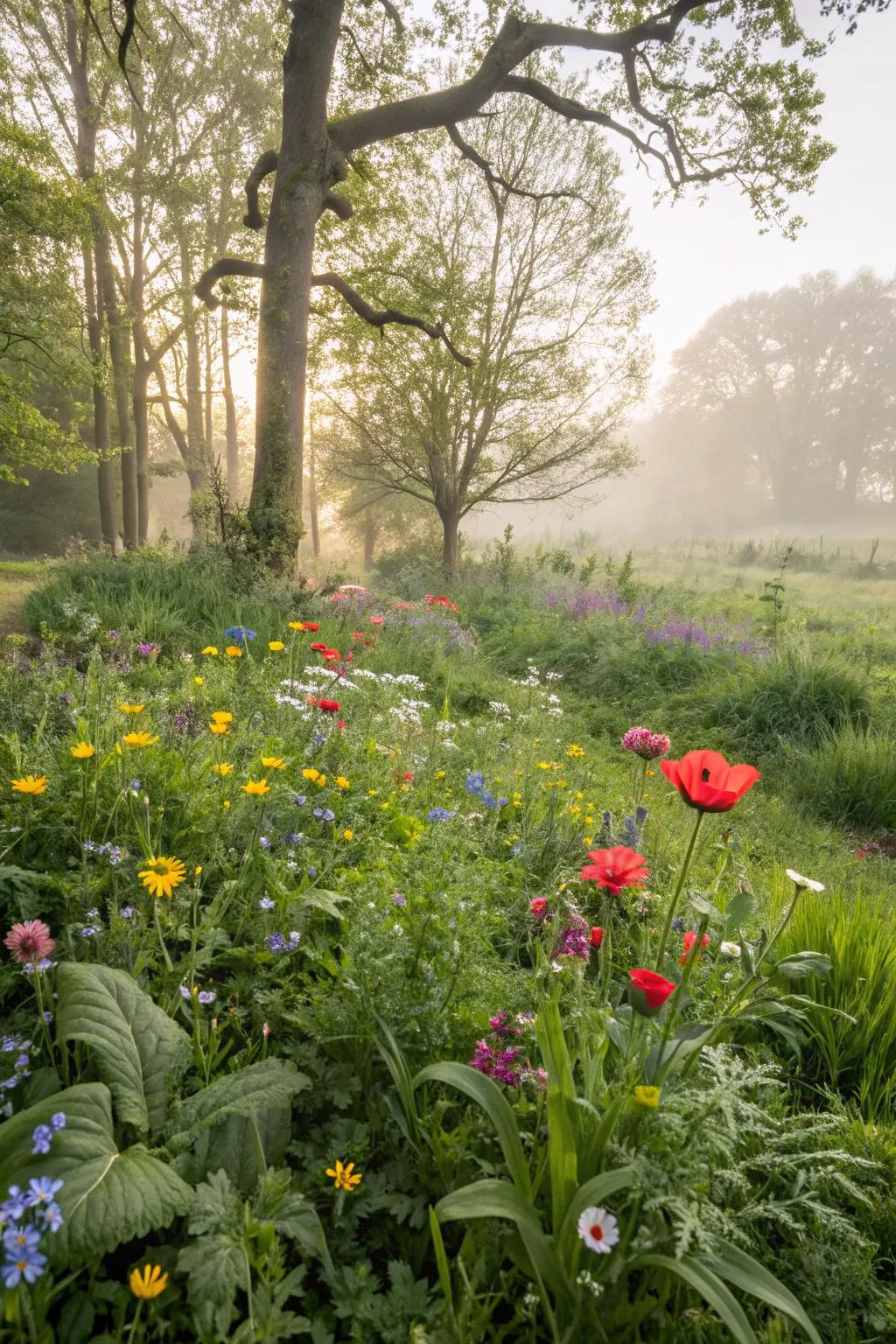 A wildflower meadow corner bursts with color and life.
