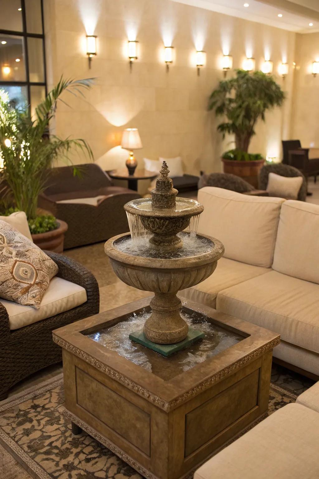 A water feature adds tranquility to the lounge.