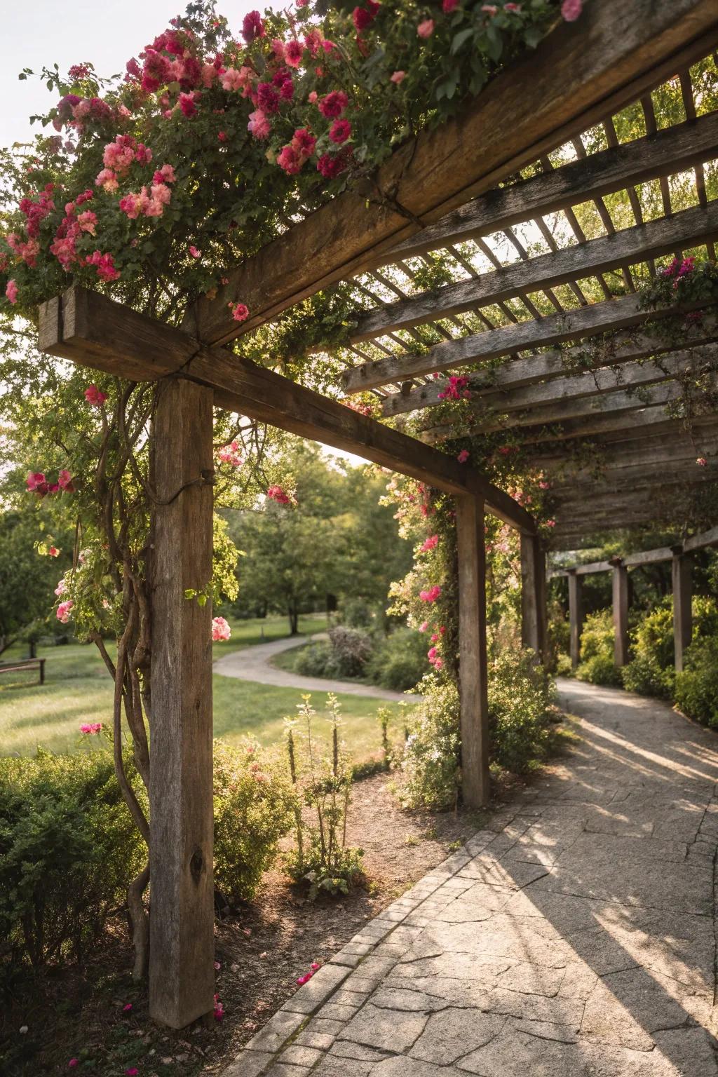 A rustic pergola provides shade and charm to any garden.