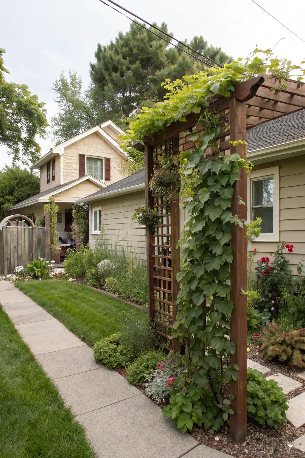 A trellis with climbing vines adding vertical interest to a Southern front yard.