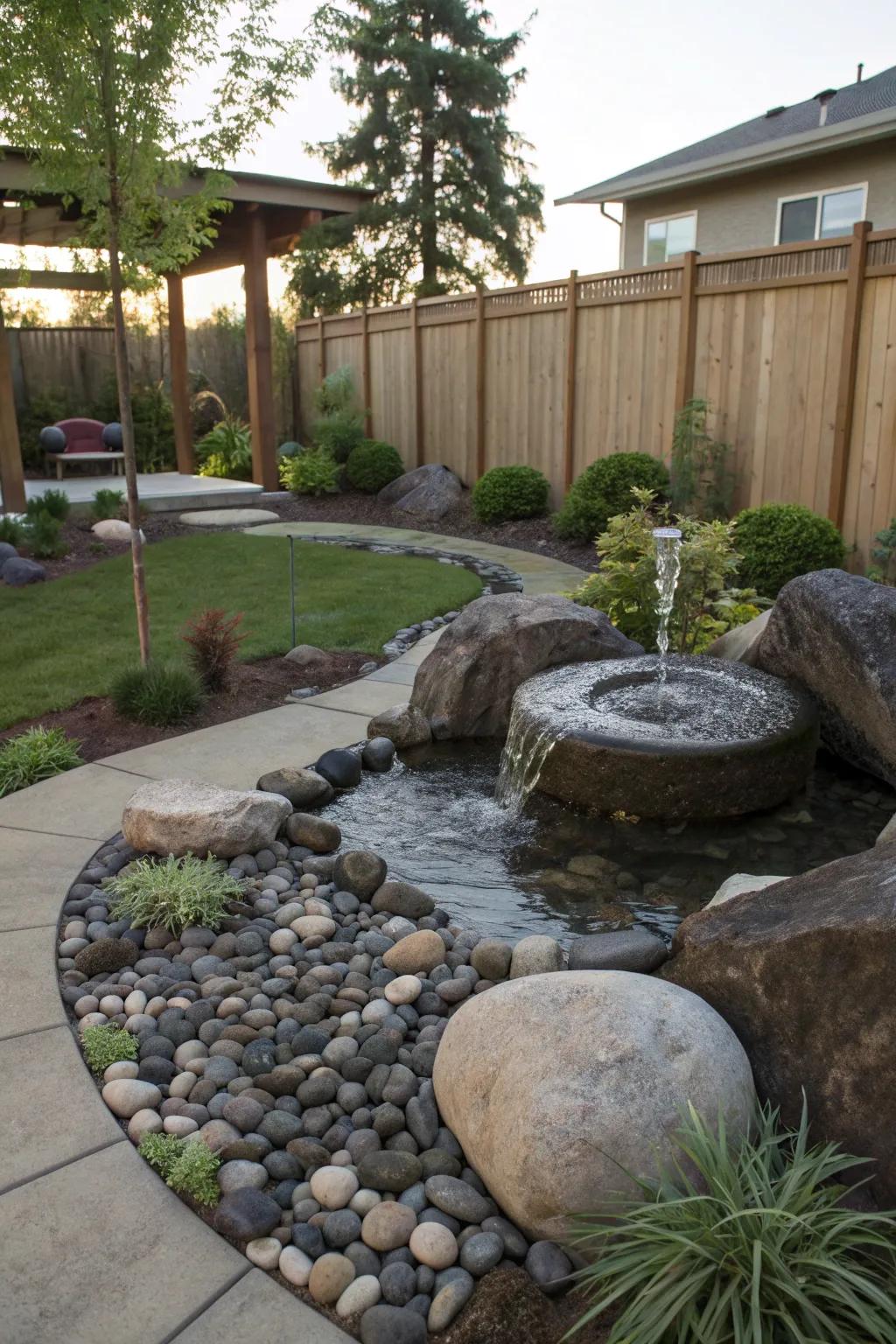 A Zen water garden adds tranquility and serenity.