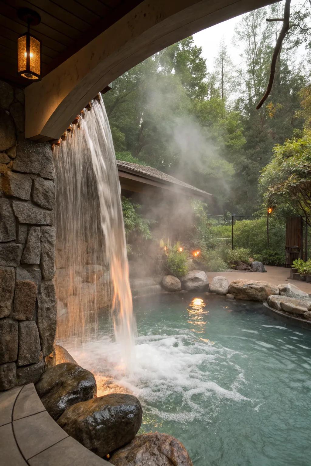 A waterfall curtain effect adds drama and allure to your spa spillover.