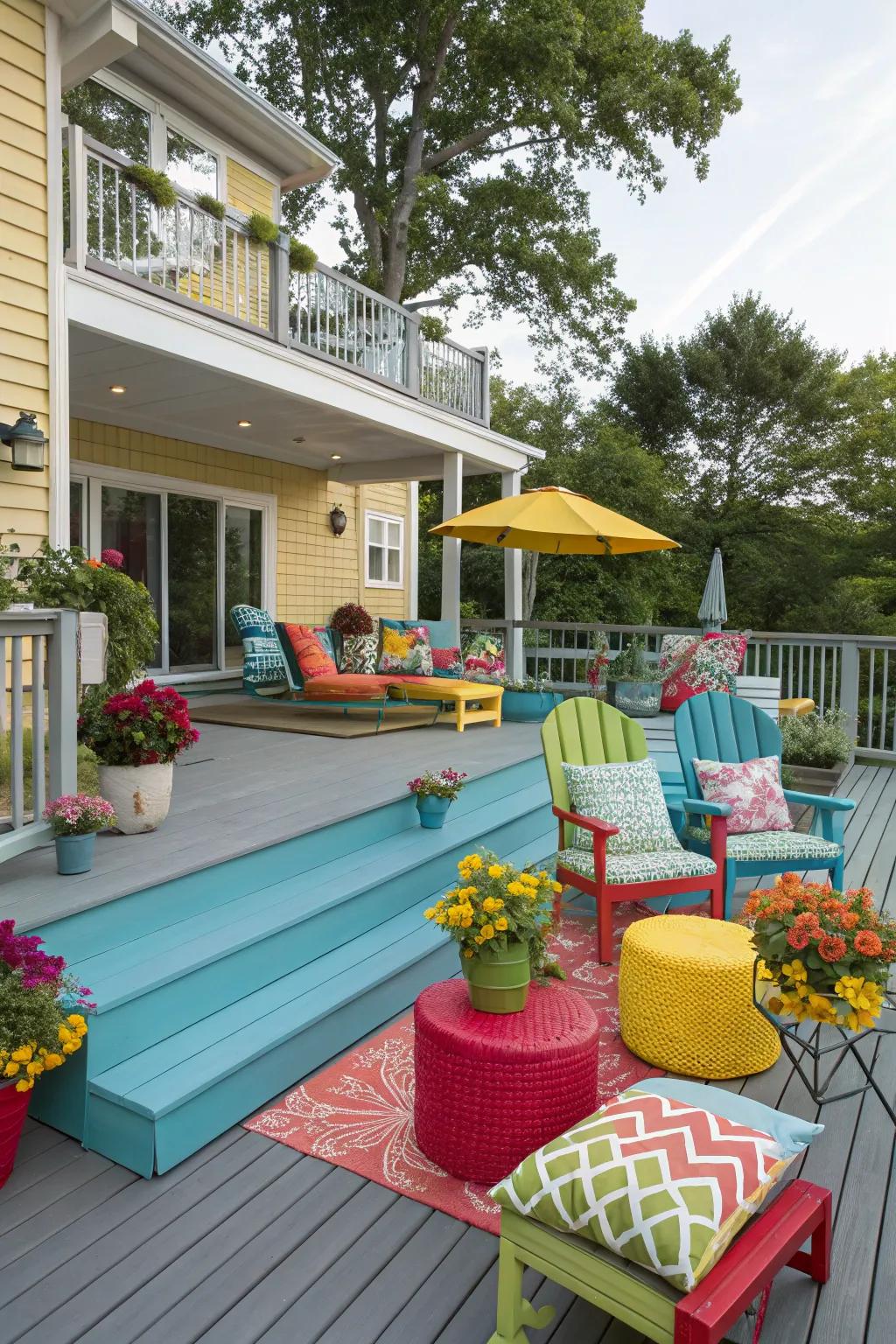 A vibrant and colorful split-level deck.