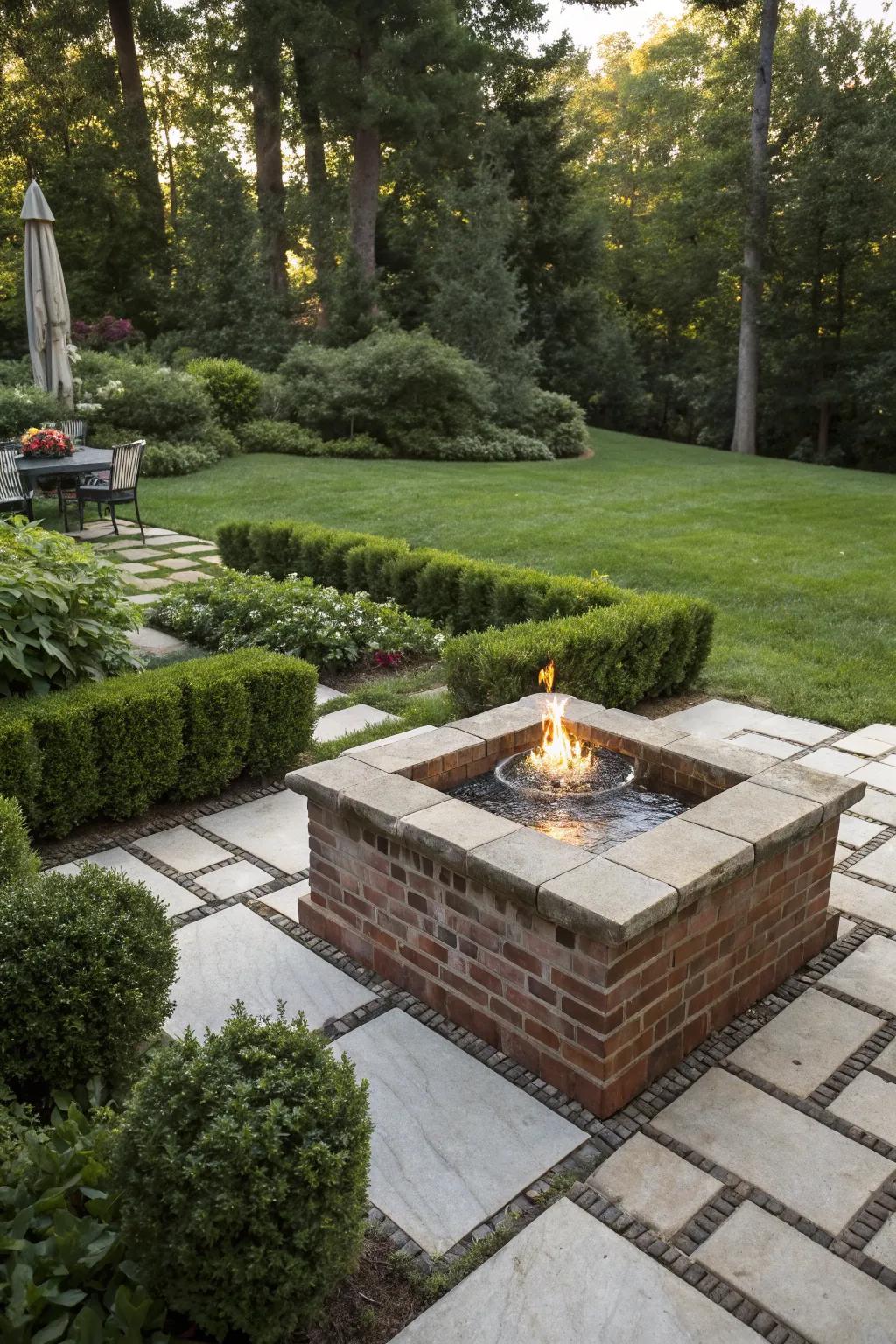 Pair your fire pit with a water feature for a stunning backyard oasis.
