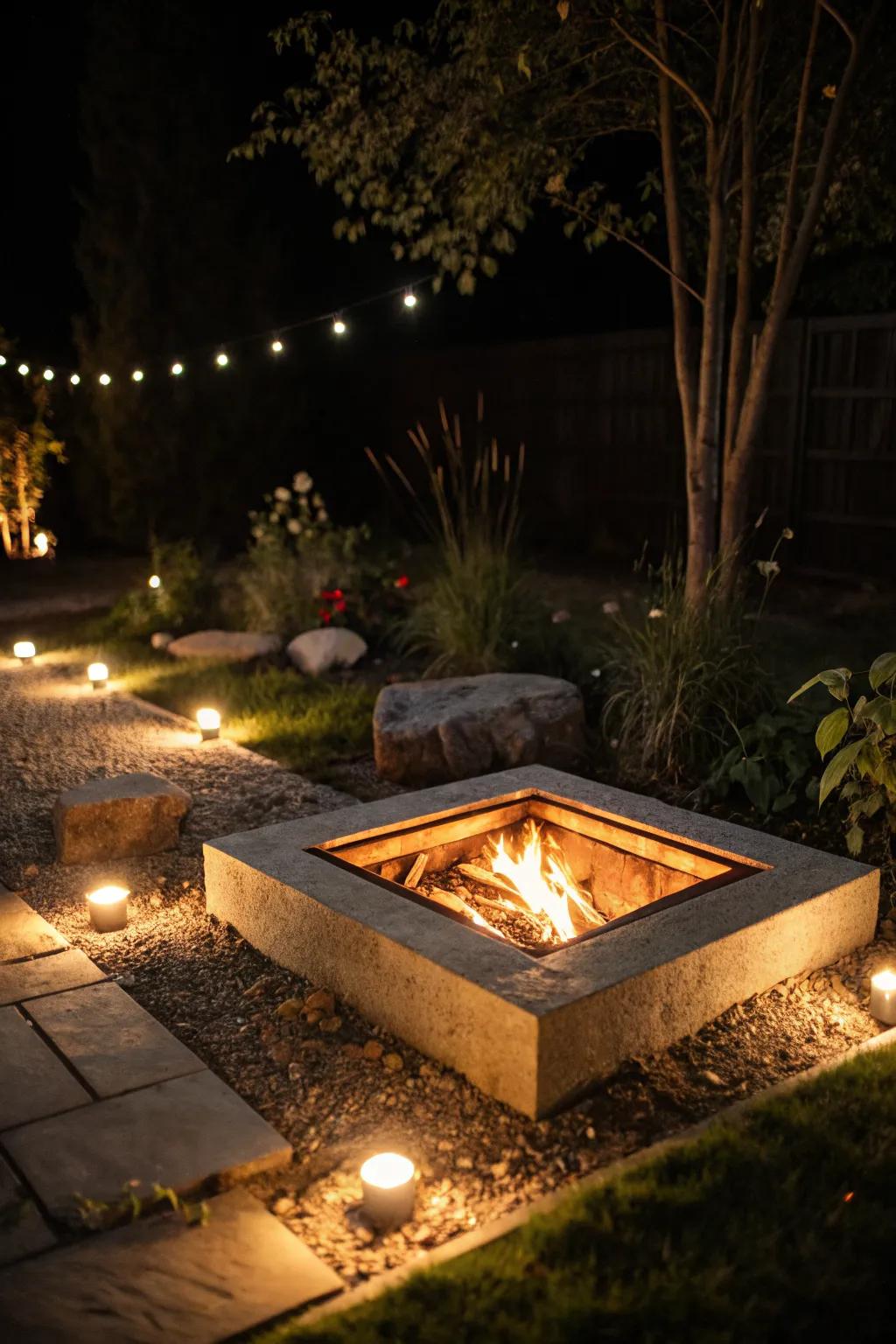 Subtle lighting transforms your fire pit into a nighttime haven.