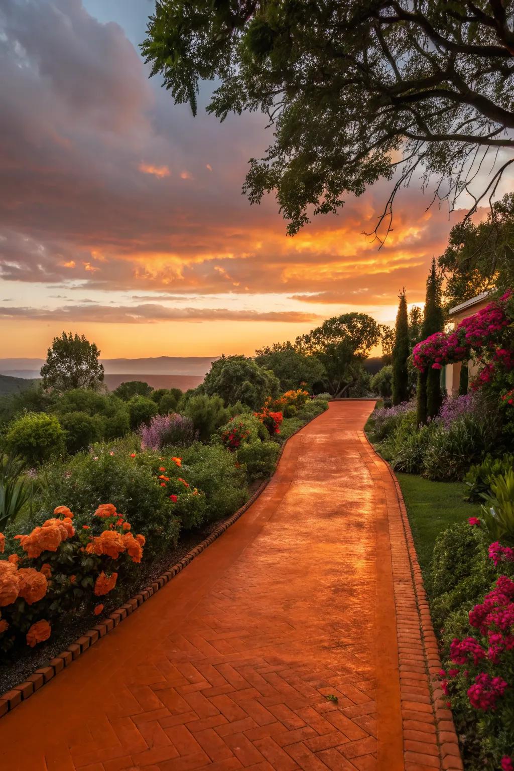Sunset-inspired oranges add energy and warmth to this driveway.
