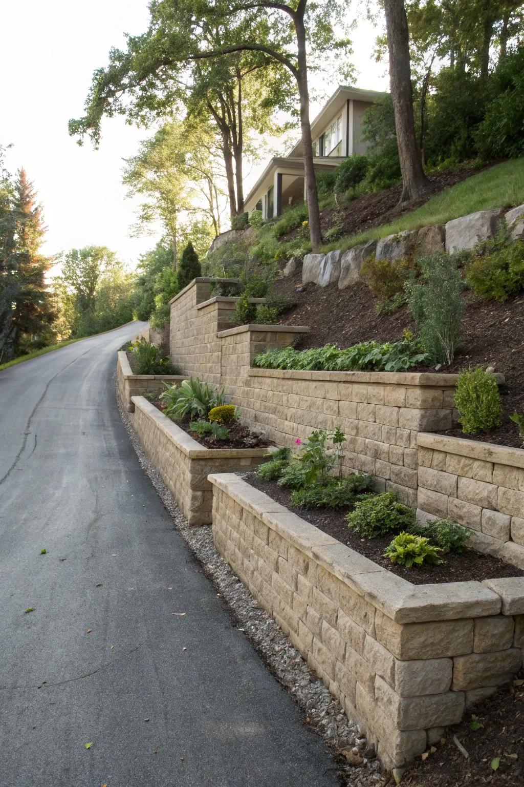 Retaining walls with planters offer dual functionality.