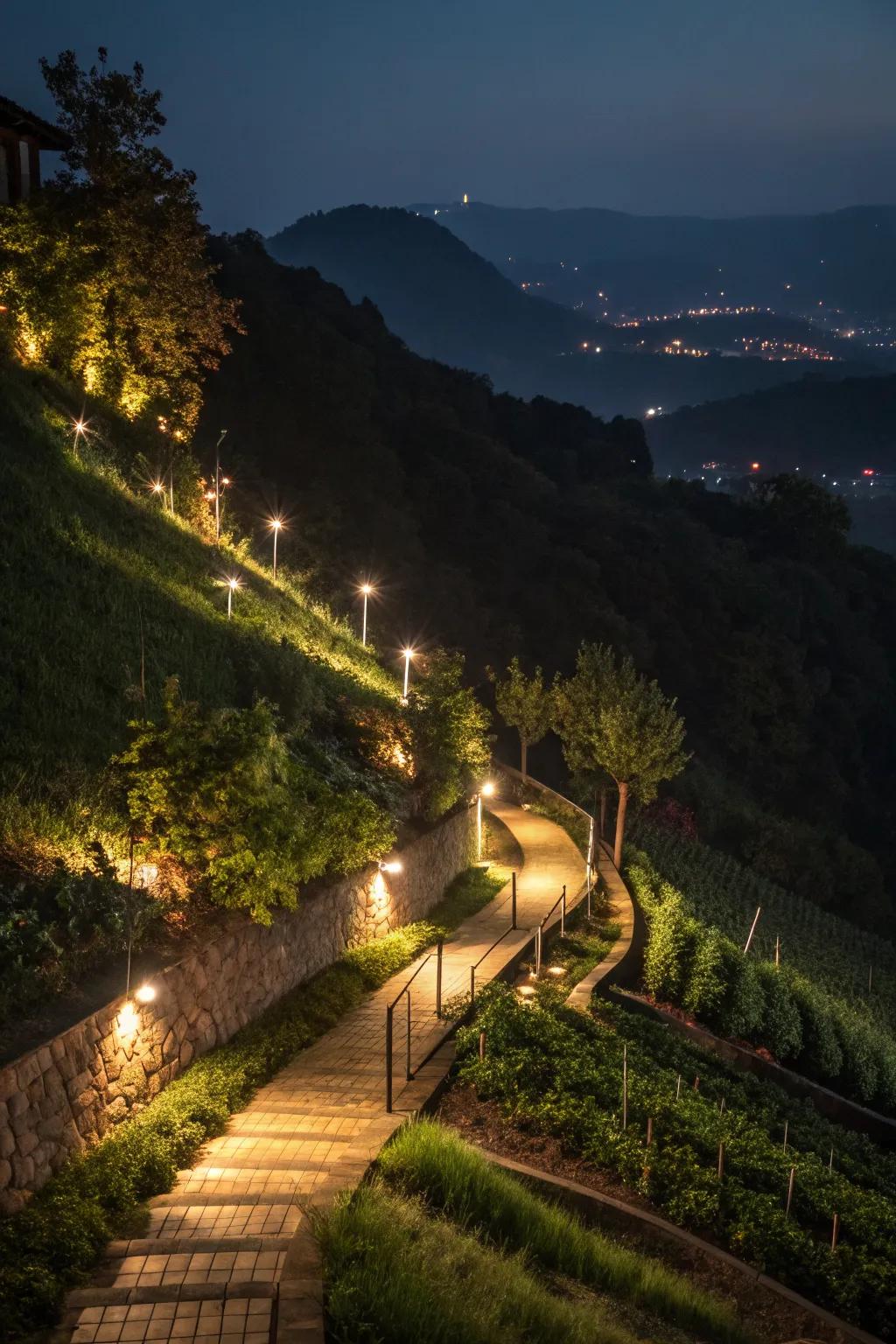 Landscape lighting adding nighttime magic to a steep garden slope.